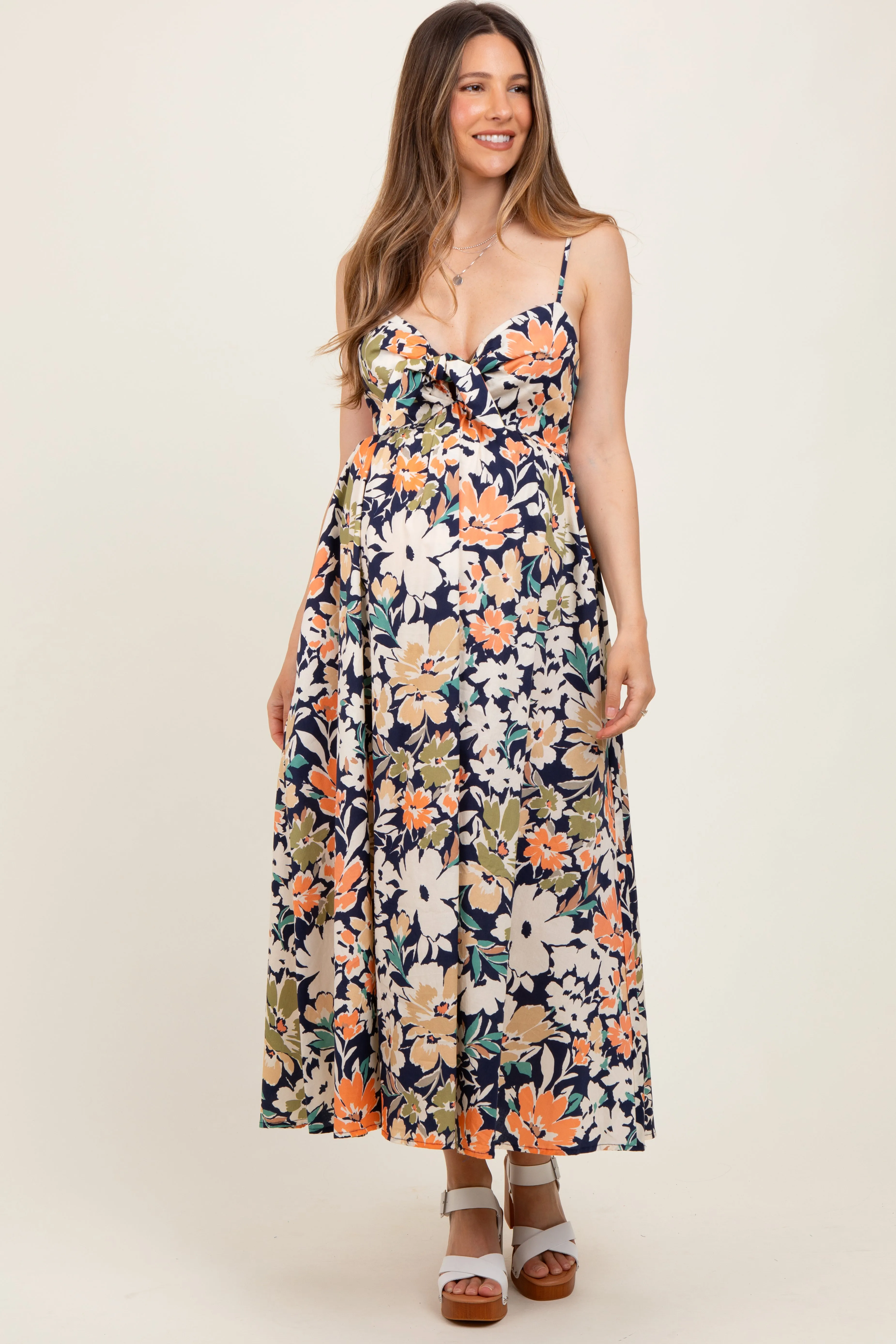 Navy Multi Floral Front Tie Sleeveless Maternity Midi Dress sold by Pinkblush