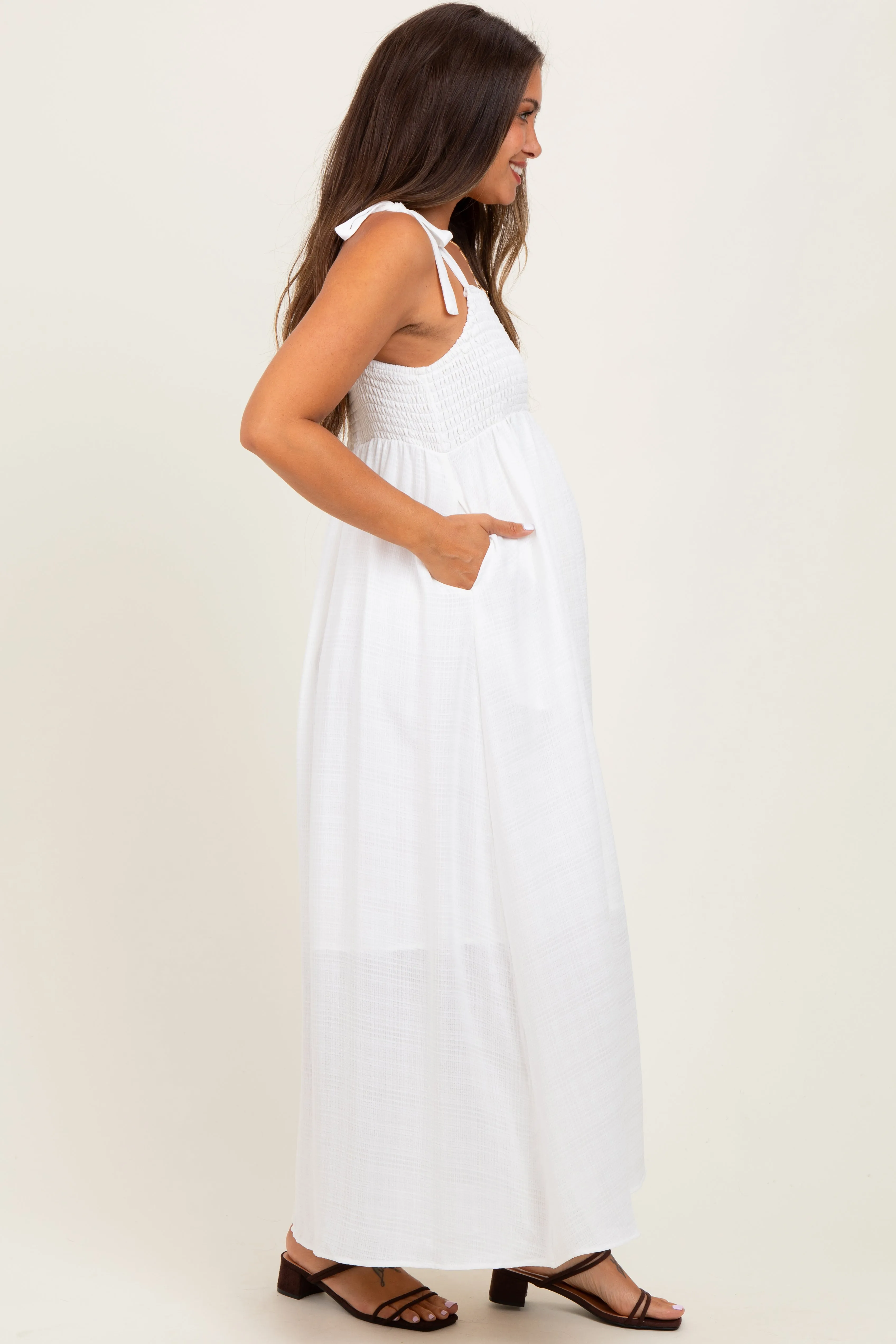 White Plaid Smocked Shoulder Tie Maternity Maxi Dress sold by Pinkblush product image thumbnail 3