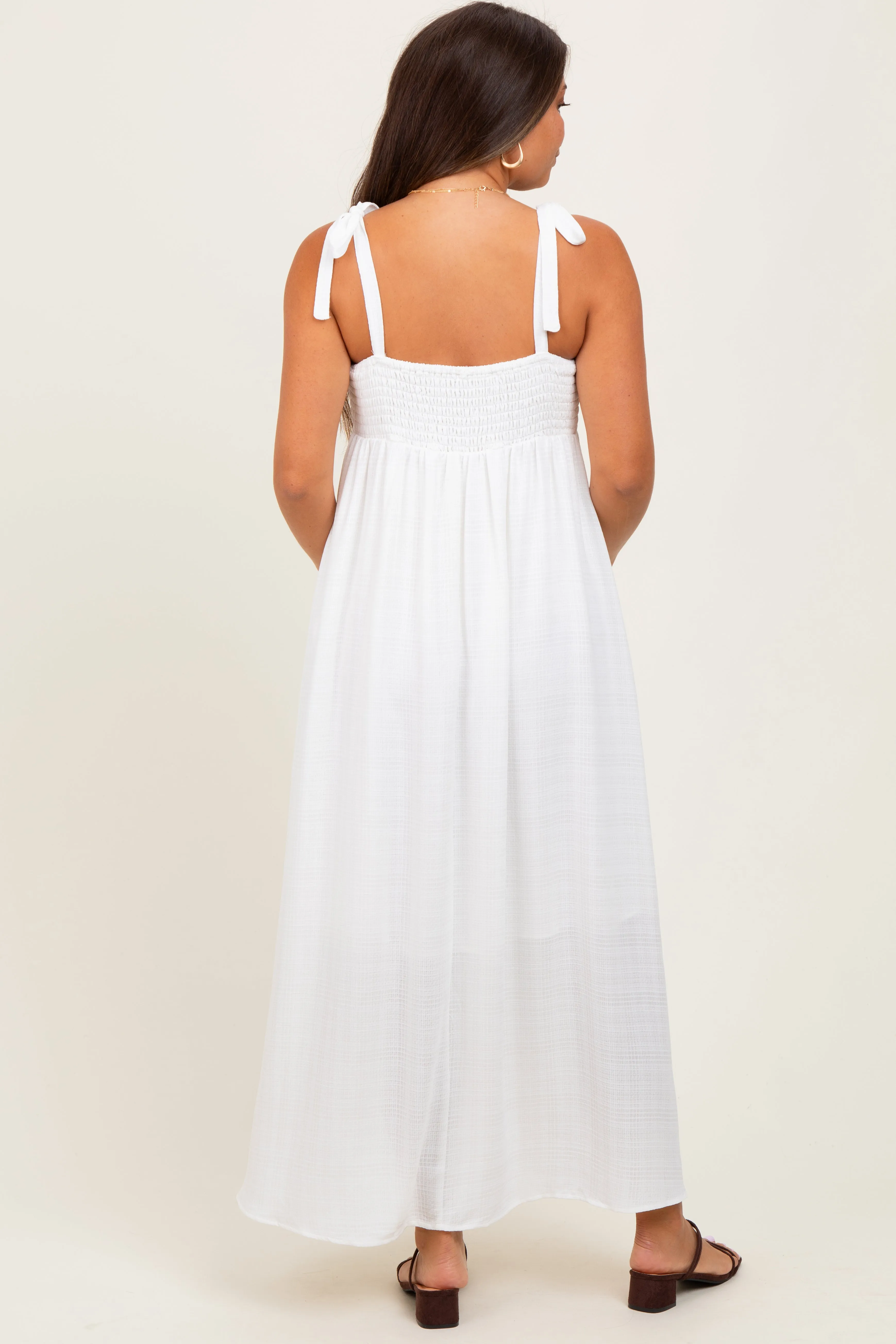 White Plaid Smocked Shoulder Tie Maternity Maxi Dress sold by Pinkblush product image thumbnail 4