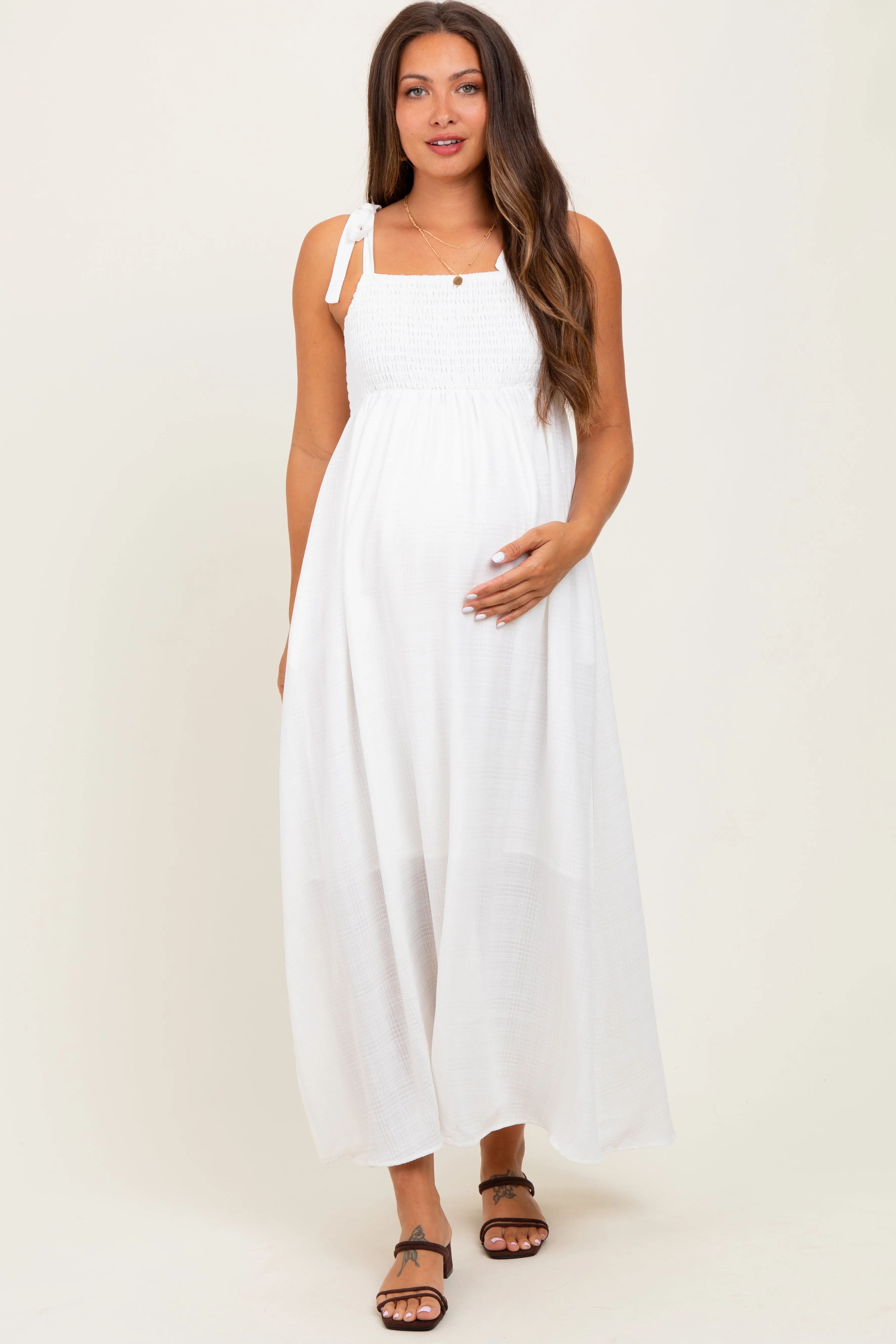 White Plaid Smocked Shoulder Tie Maternity Maxi Dress sold by Pinkblush