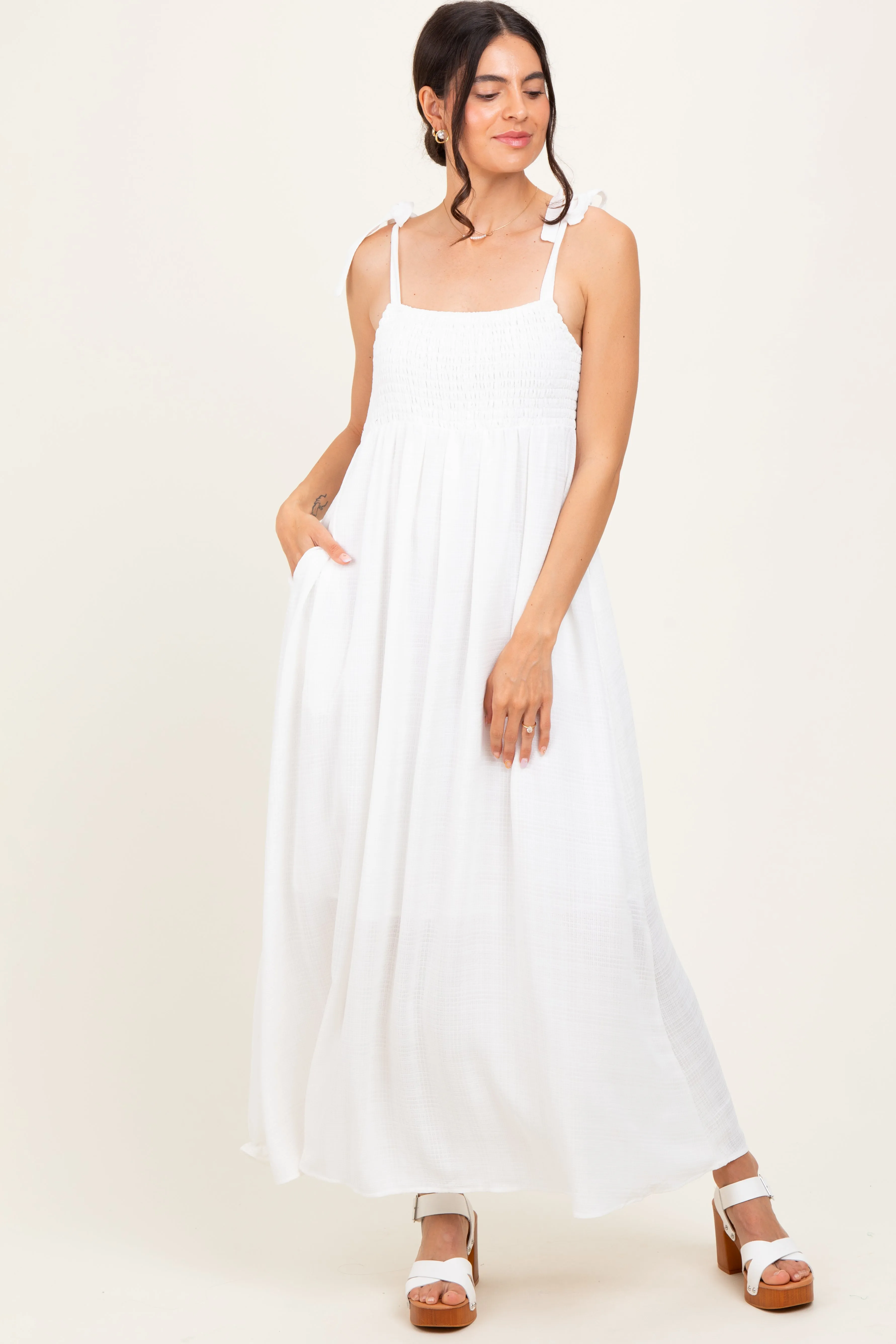 White Plaid Smocked Shoulder Tie Maternity Maxi Dress sold by Pinkblush product image thumbnail 5