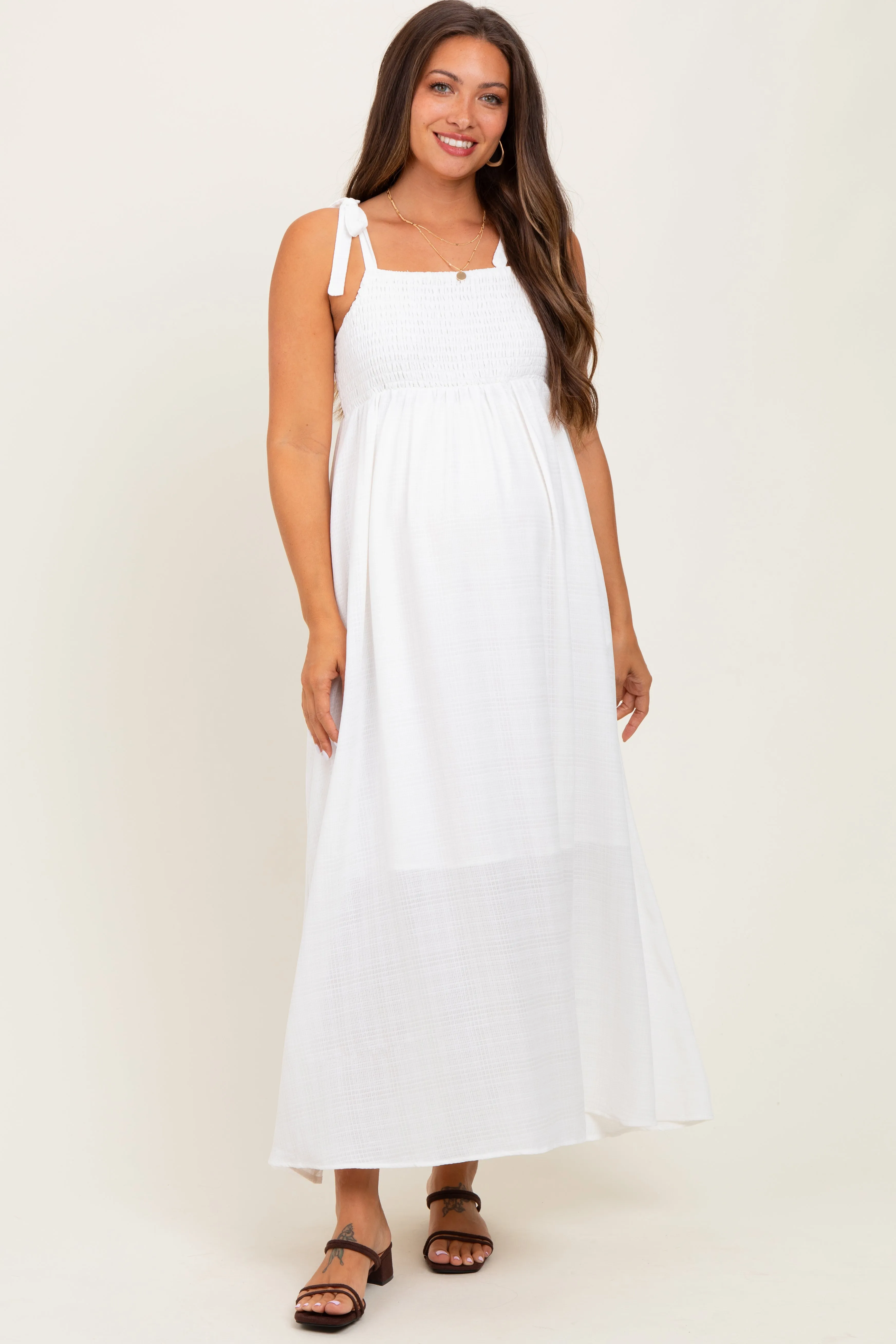 White Plaid Smocked Shoulder Tie Maternity Maxi Dress sold by Pinkblush product image thumbnail 2