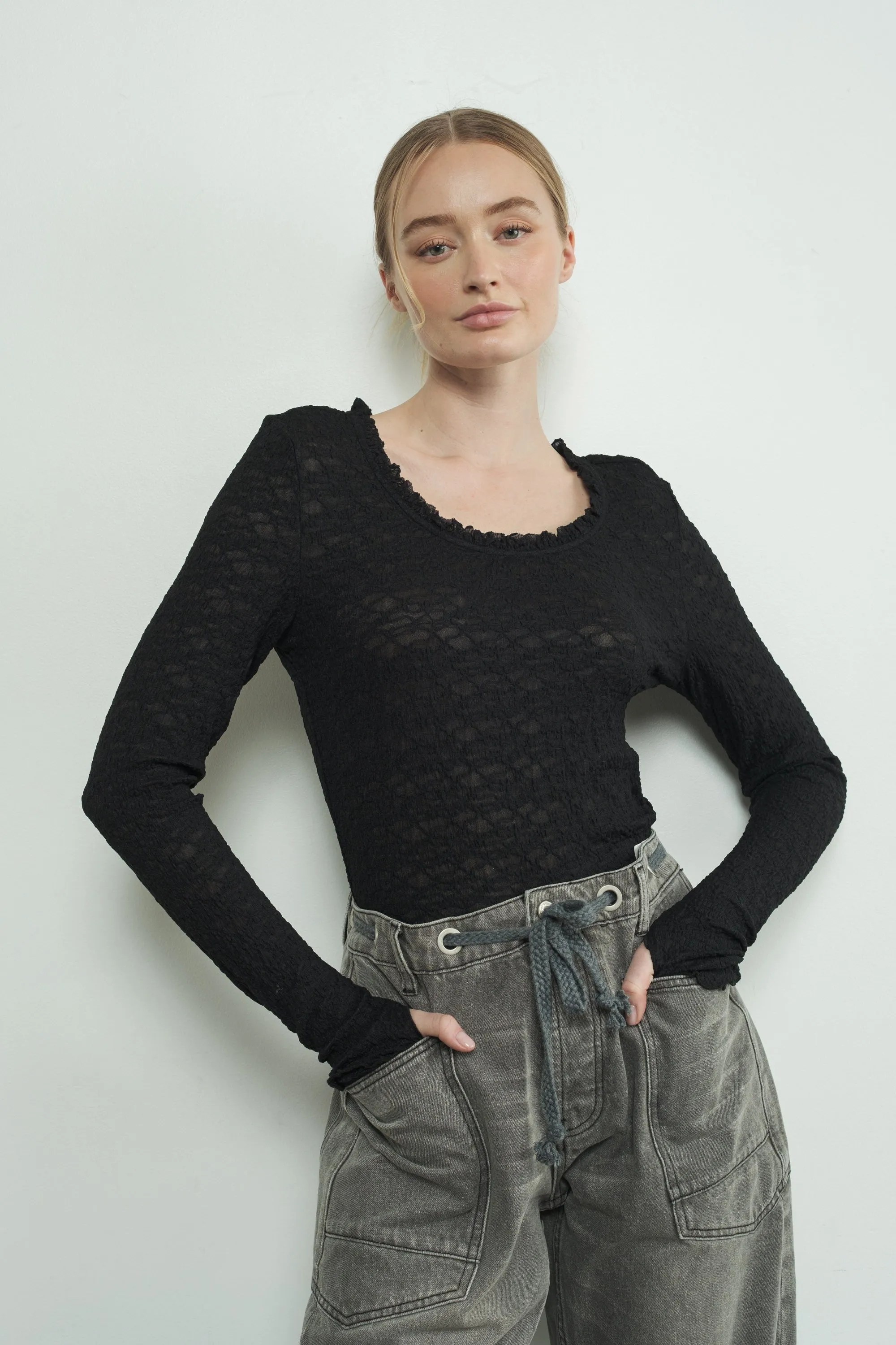 Black Lace Ruffle Neckline Maternity Long Sleeve Top sold by Pinkblush product image thumbnail 5