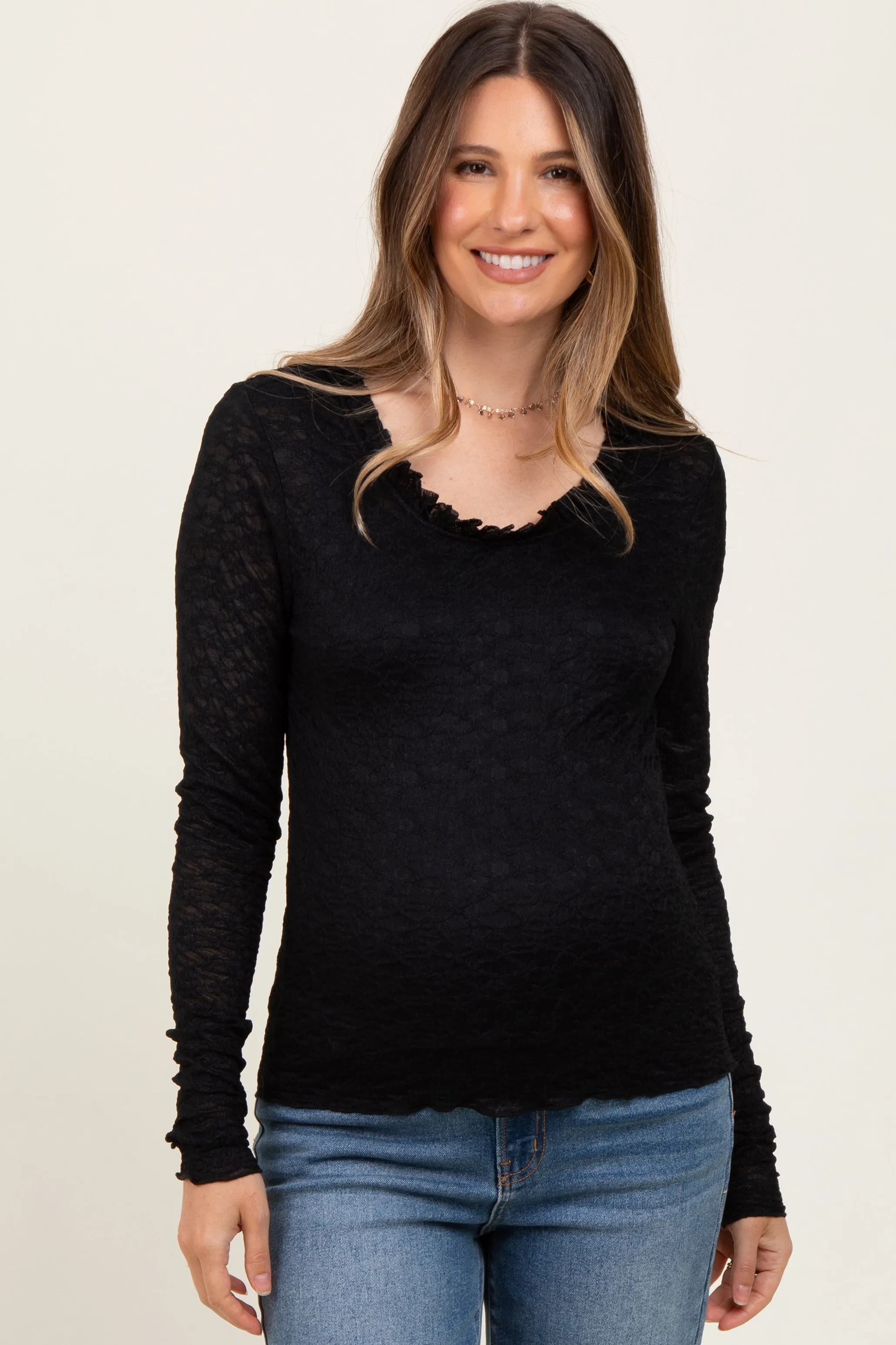 Black Lace Ruffle Neckline Maternity Long Sleeve Top sold by Pinkblush
