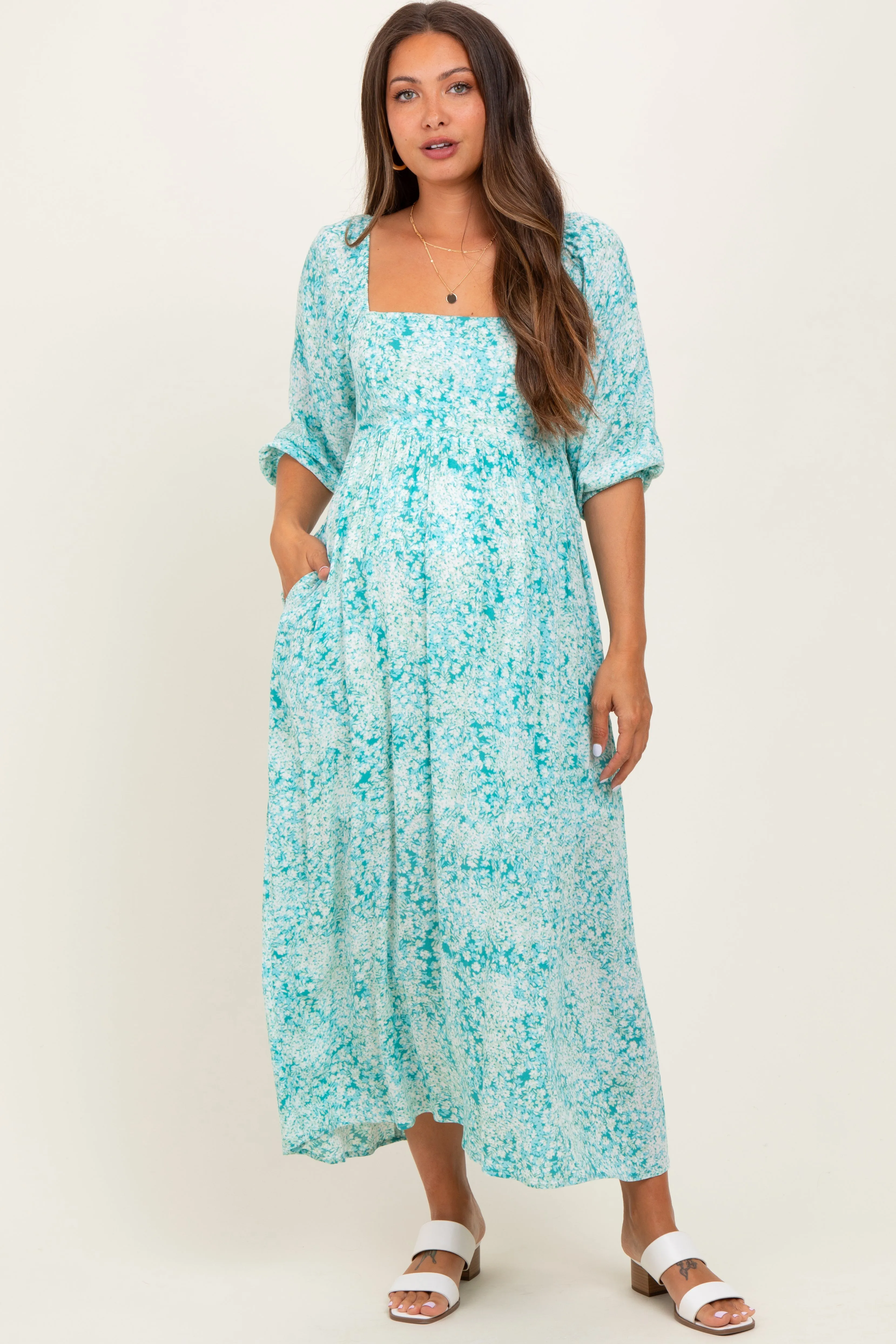 Green Floral Square Neck 3/4 Sleeve Maternity Maxi Dress sold by Pinkblush