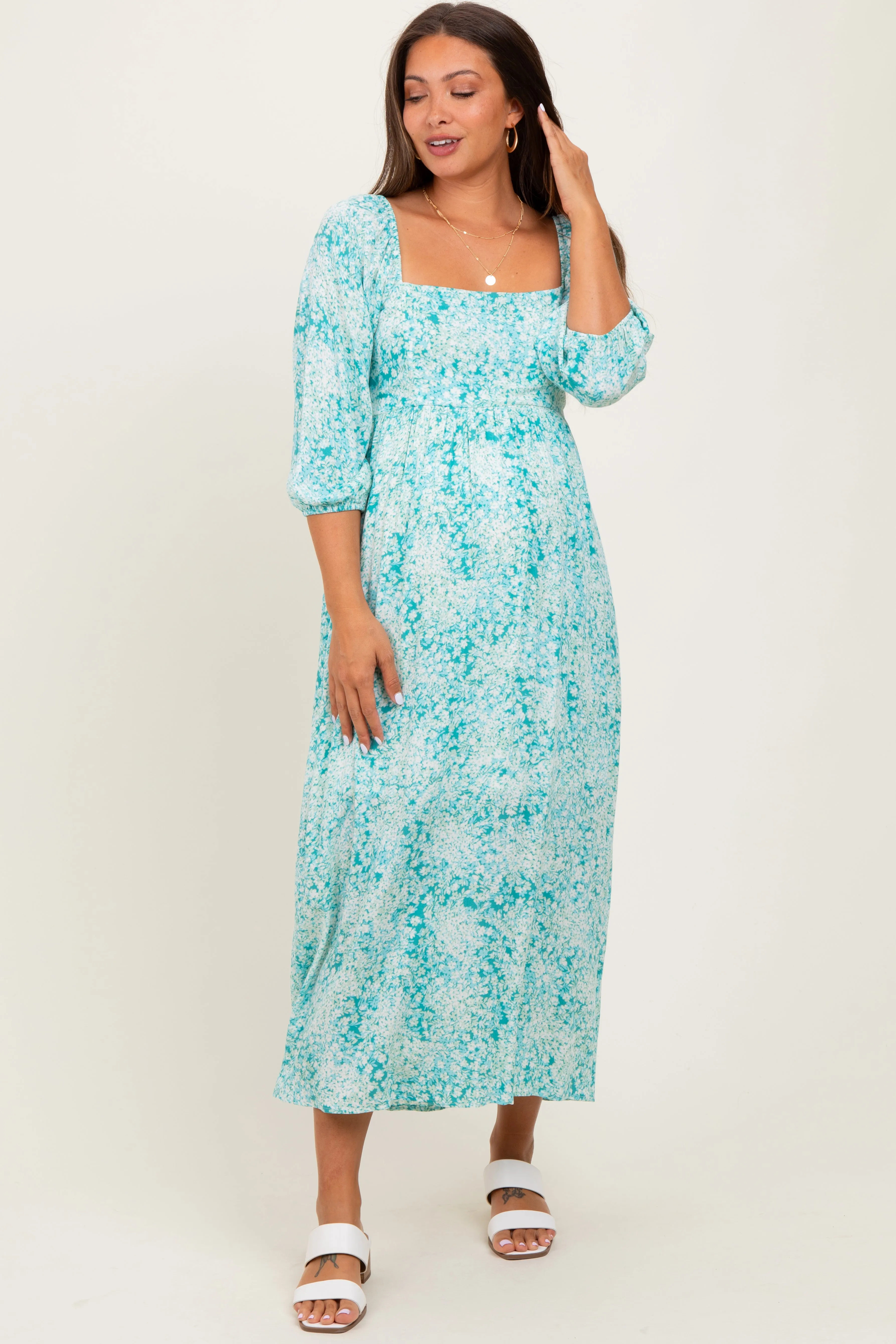 Green Floral Square Neck 3/4 Sleeve Maternity Maxi Dress sold by Pinkblush product image thumbnail 2