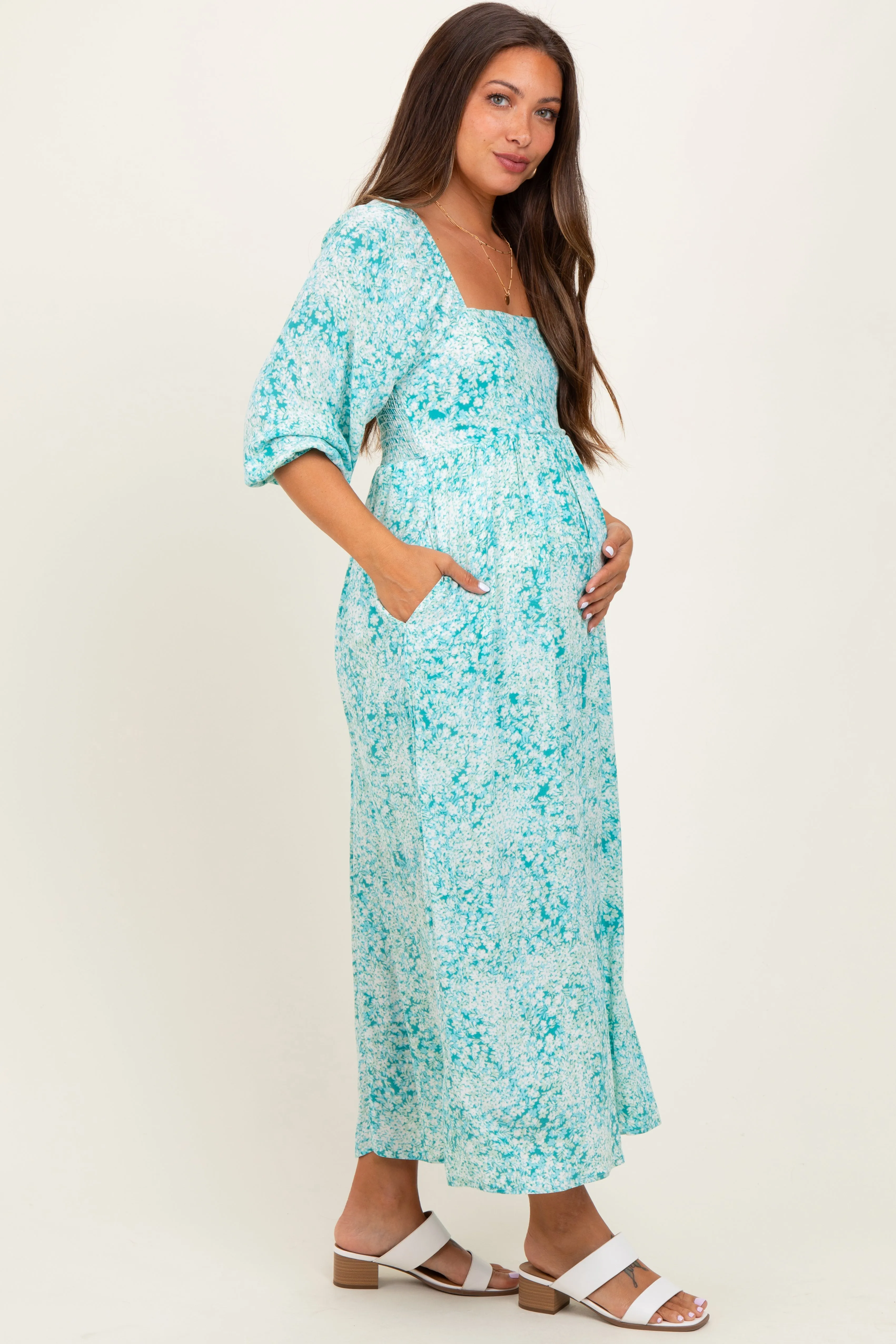 Green Floral Square Neck 3/4 Sleeve Maternity Maxi Dress sold by Pinkblush product image thumbnail 3