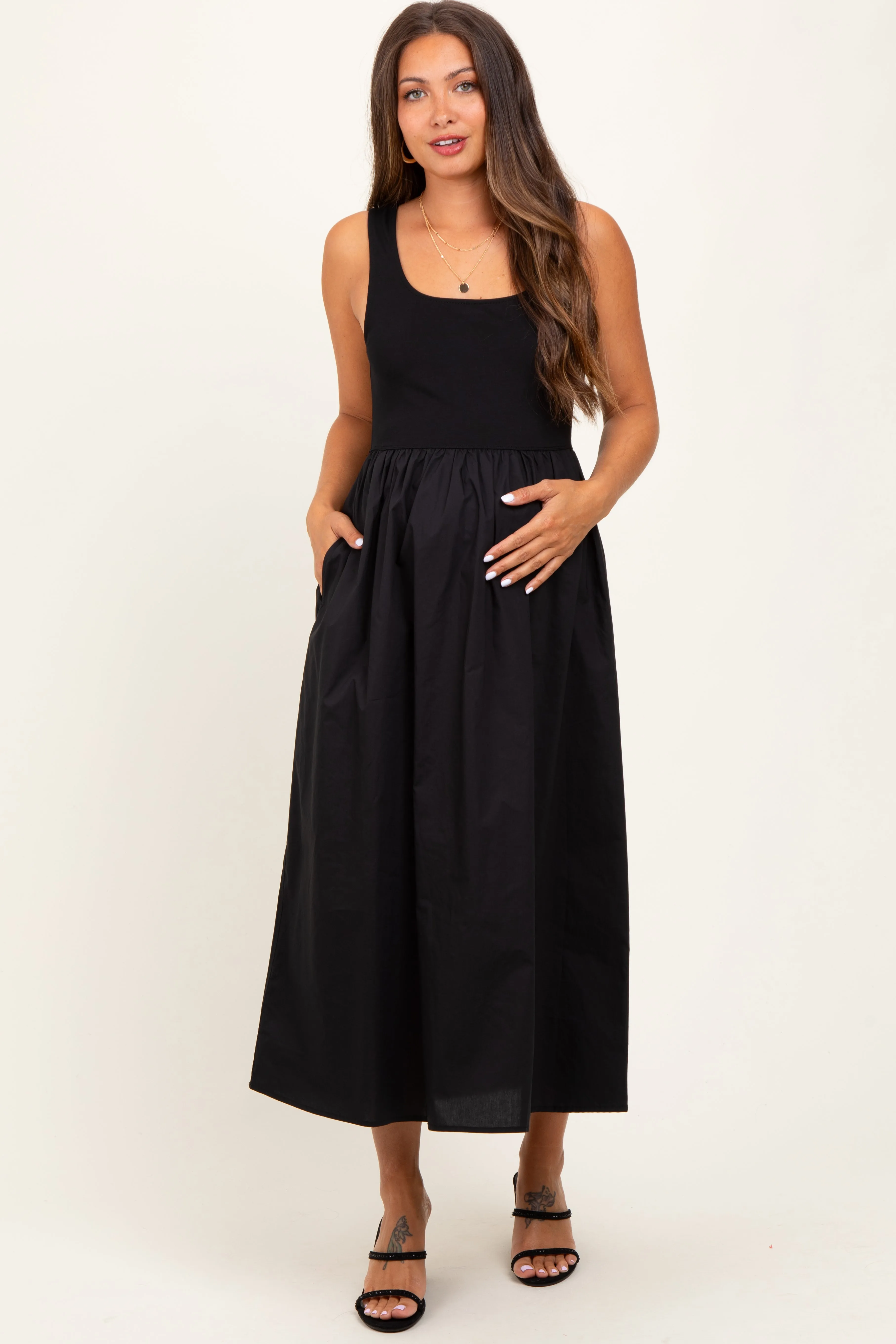 Black Contrast Sleeveless Square Neck Maternity Midi Dress sold by Pinkblush