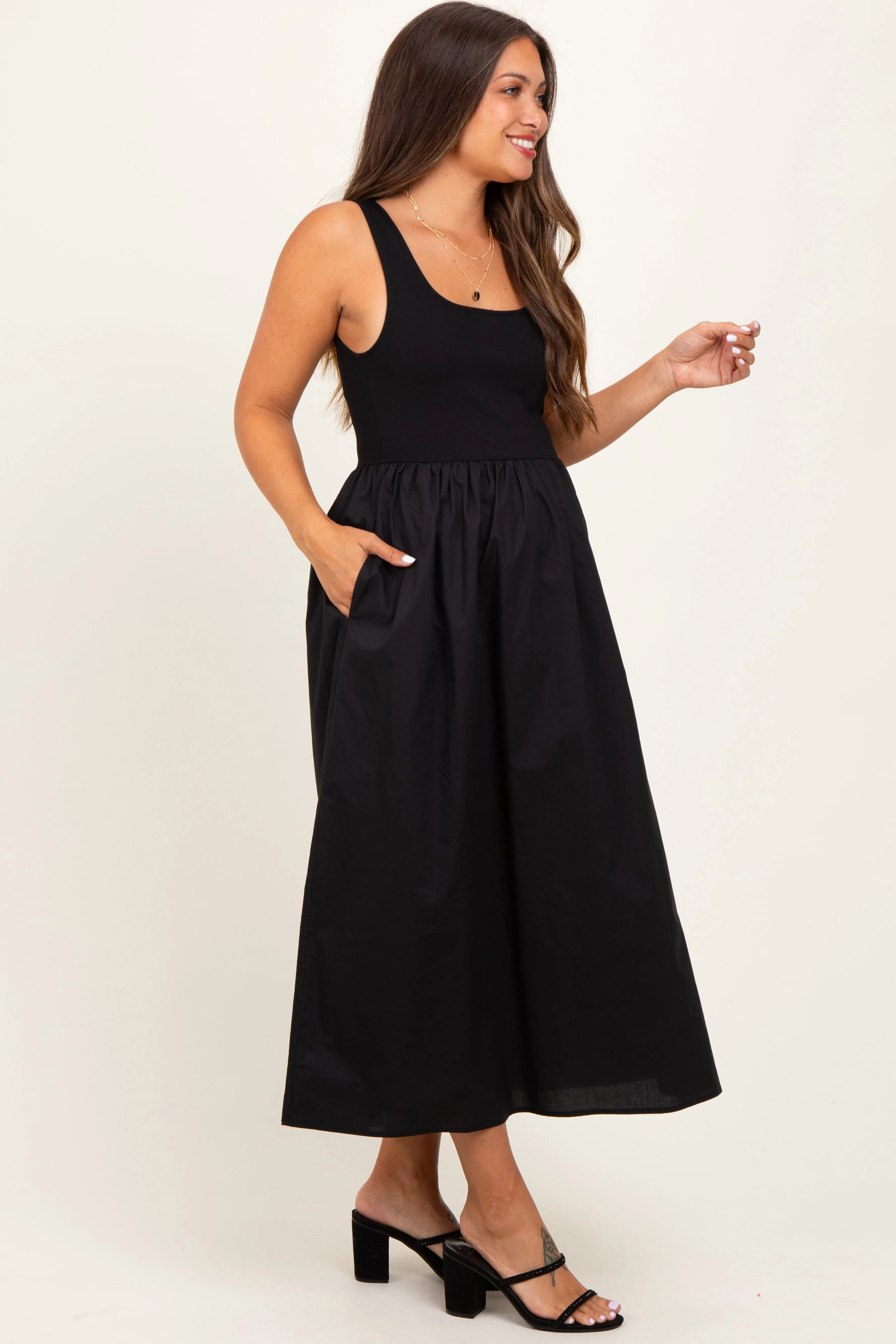 Black Contrast Sleeveless Square Neck Maternity Midi Dress sold by Pinkblush product image thumbnail 2