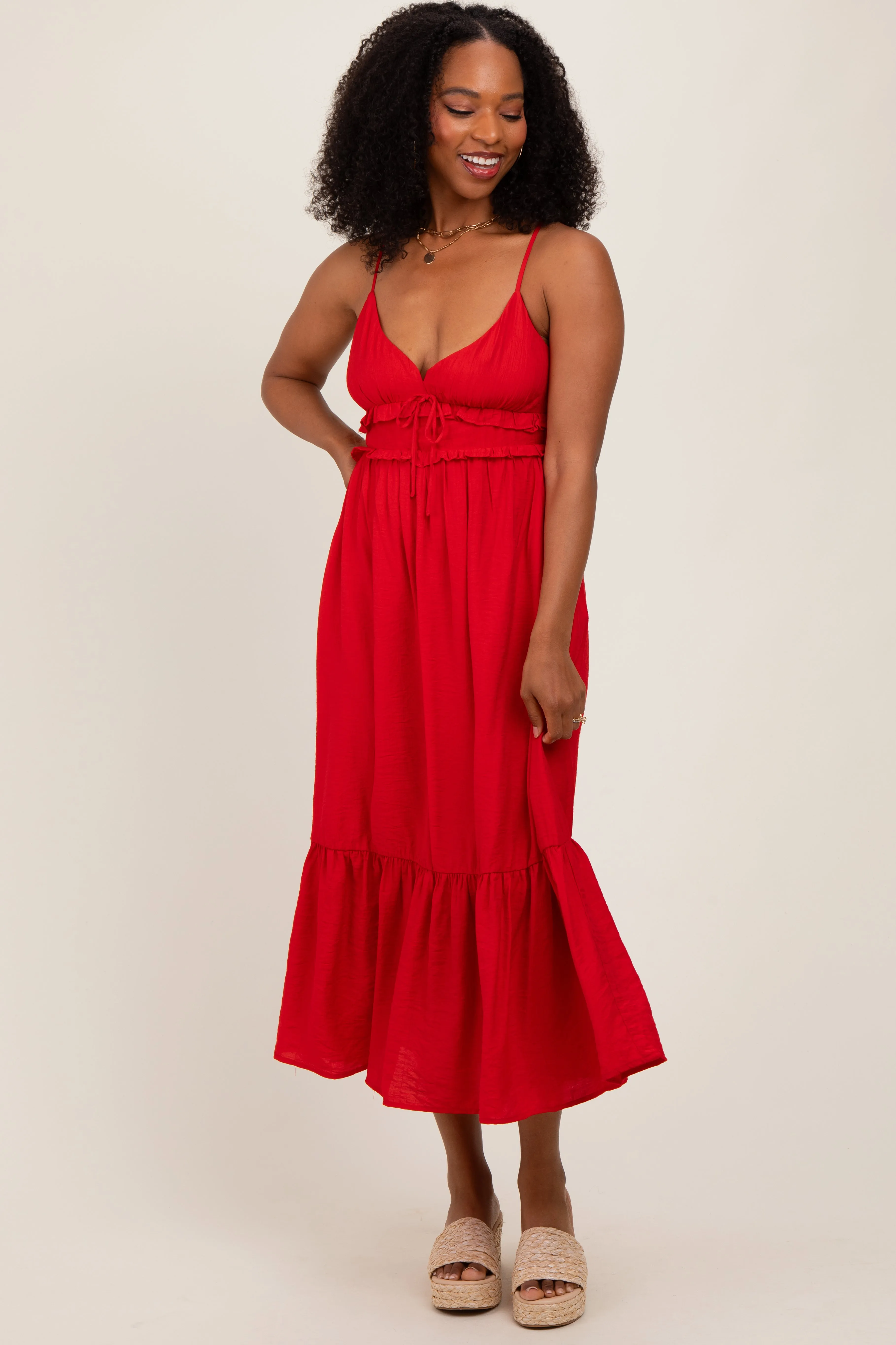Red Ruffle Accent Sleeveless Midi Dress sold by Pinkblush