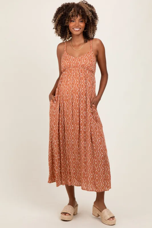 Rust Printed Sleeveless Maternity Midi Dress made by BE COOL