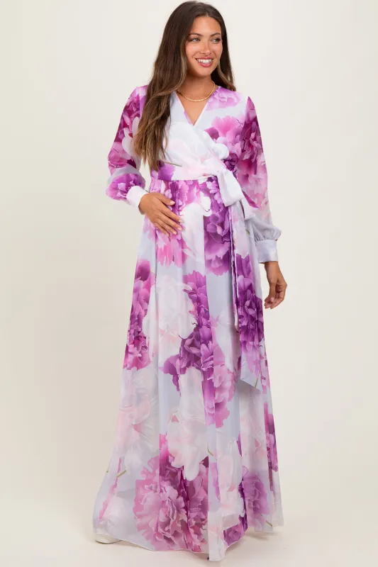 Purple Floral Chiffon Long Sleeve Maternity Maxi Dress sold by Pinkblush