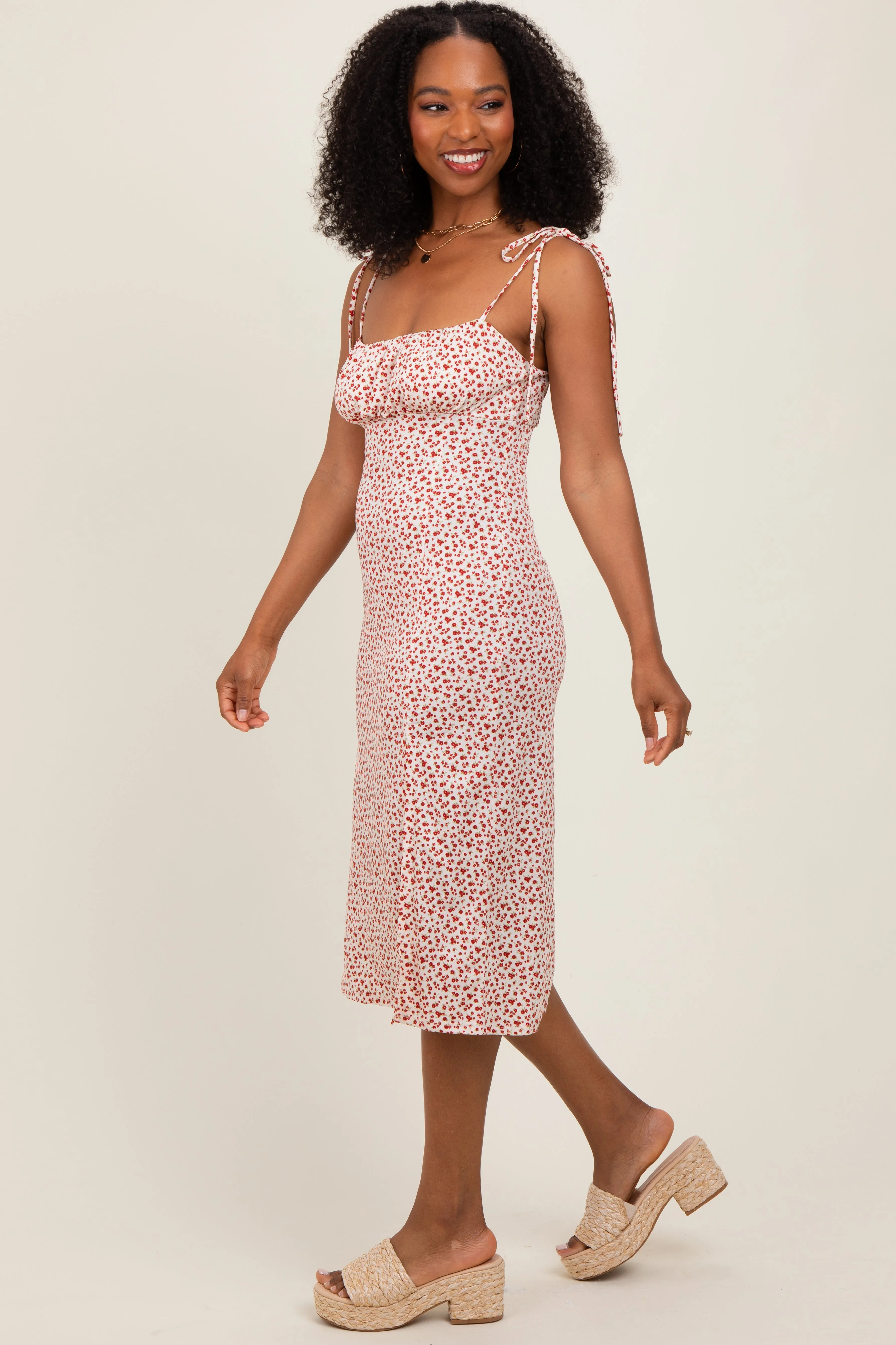 Red Printed Shoulder Tie Midi Dress sold by Pinkblush product image thumbnail 3