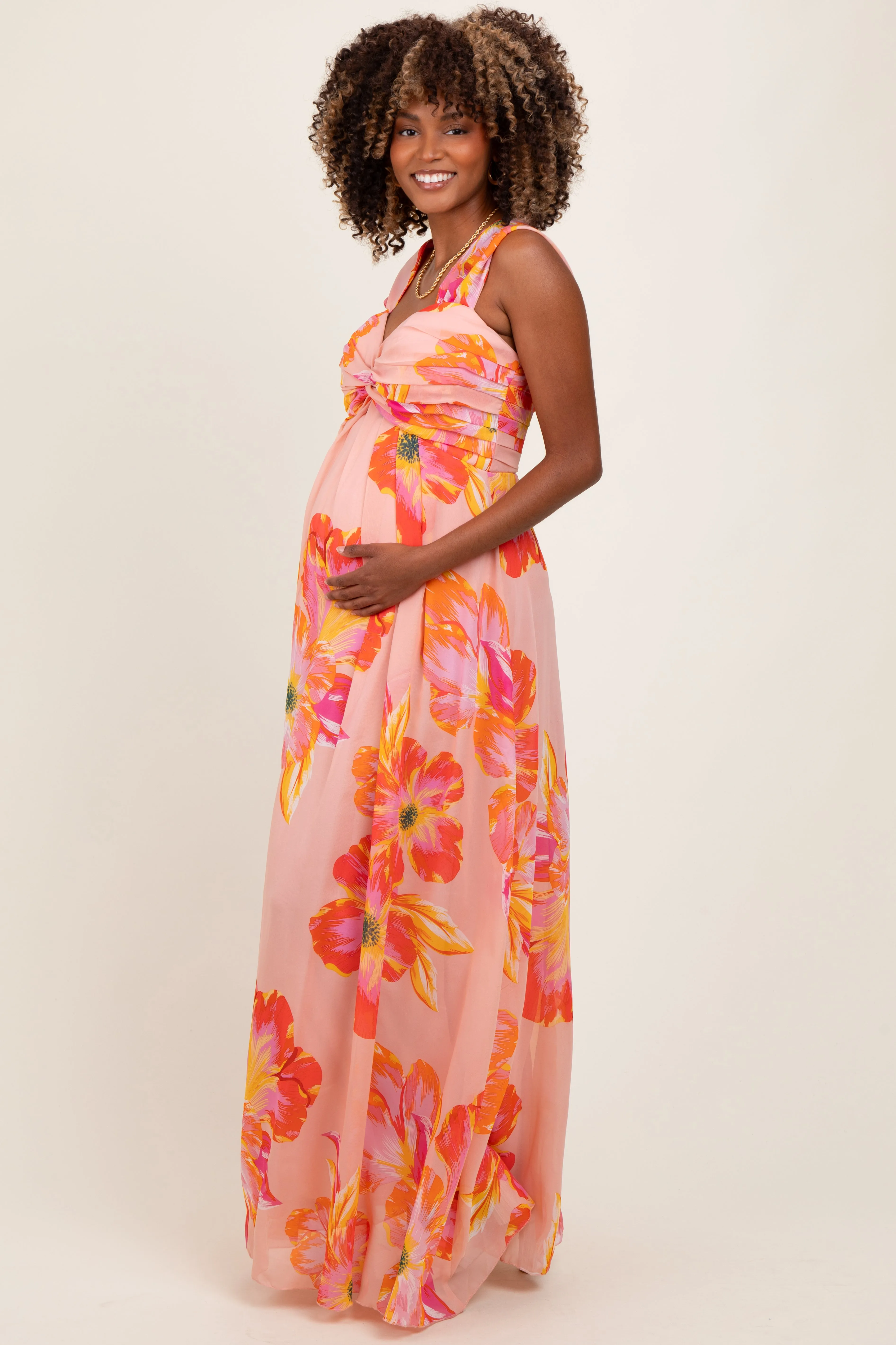 Peach Floral Chiffon Off Shoulder Maternity Maxi Dress sold by Pinkblush product image thumbnail 2