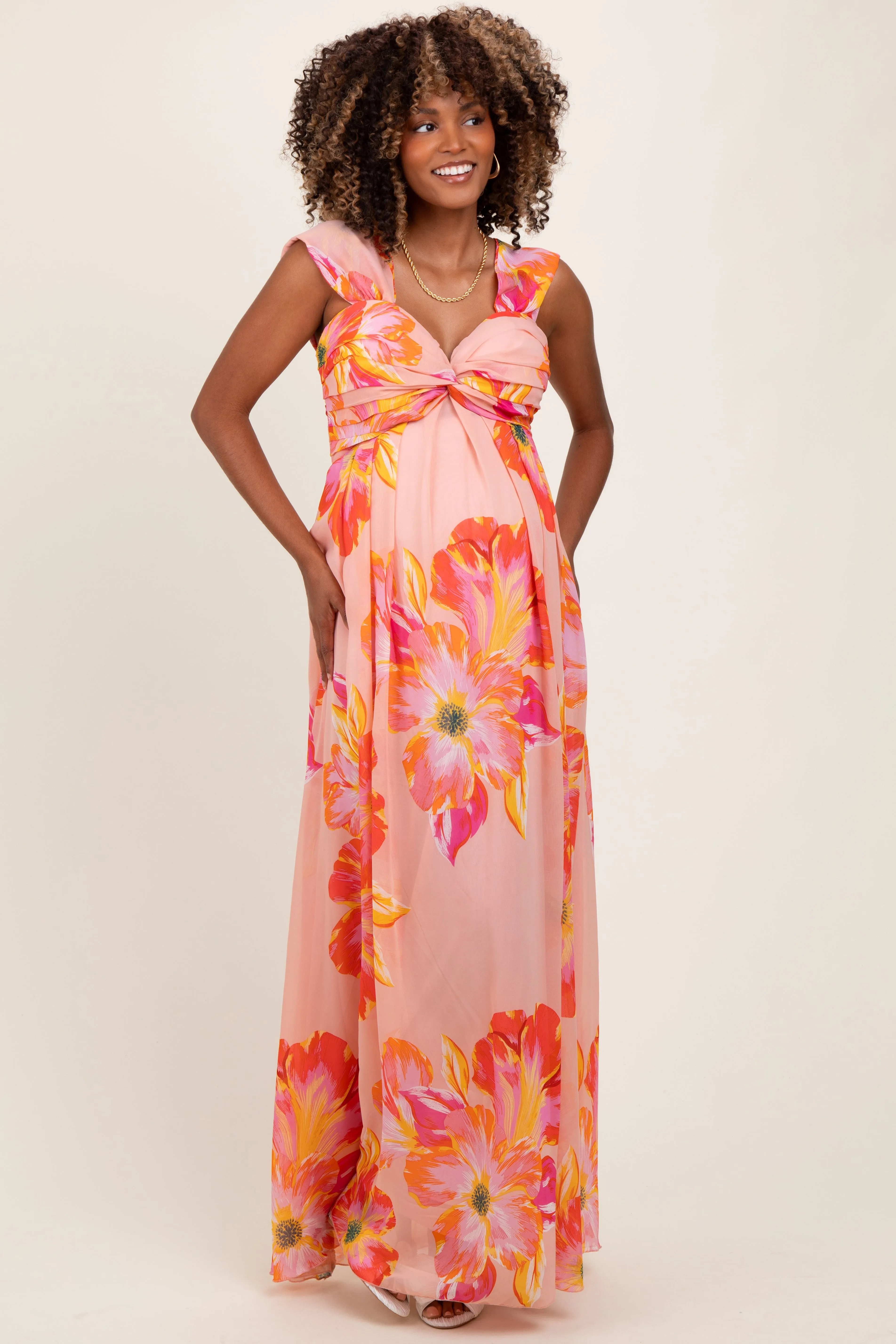 Peach Floral Chiffon Off Shoulder Maternity Maxi Dress sold by Pinkblush