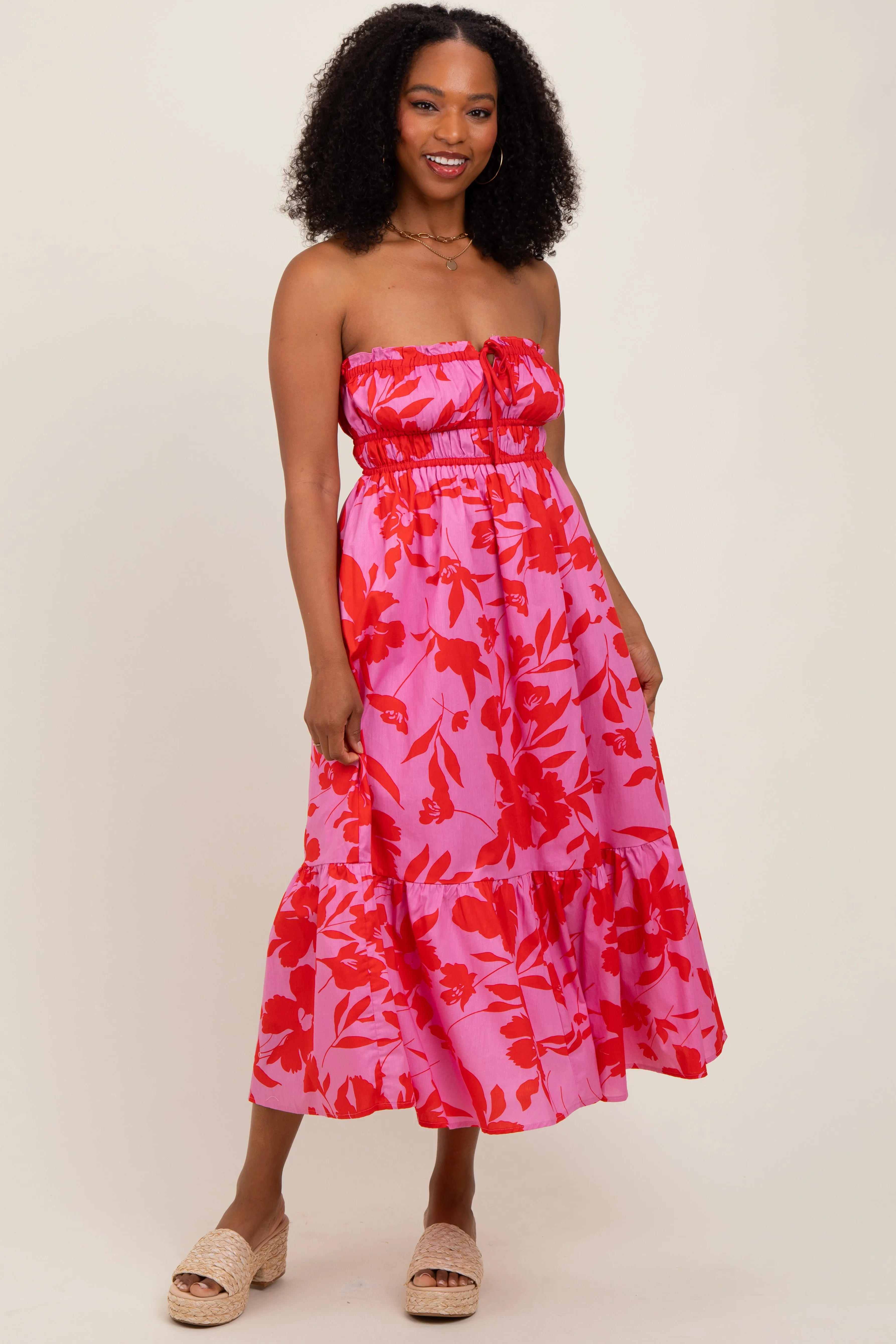 Pink Floral Strapless Front Tie Midi Dress sold by Pinkblush