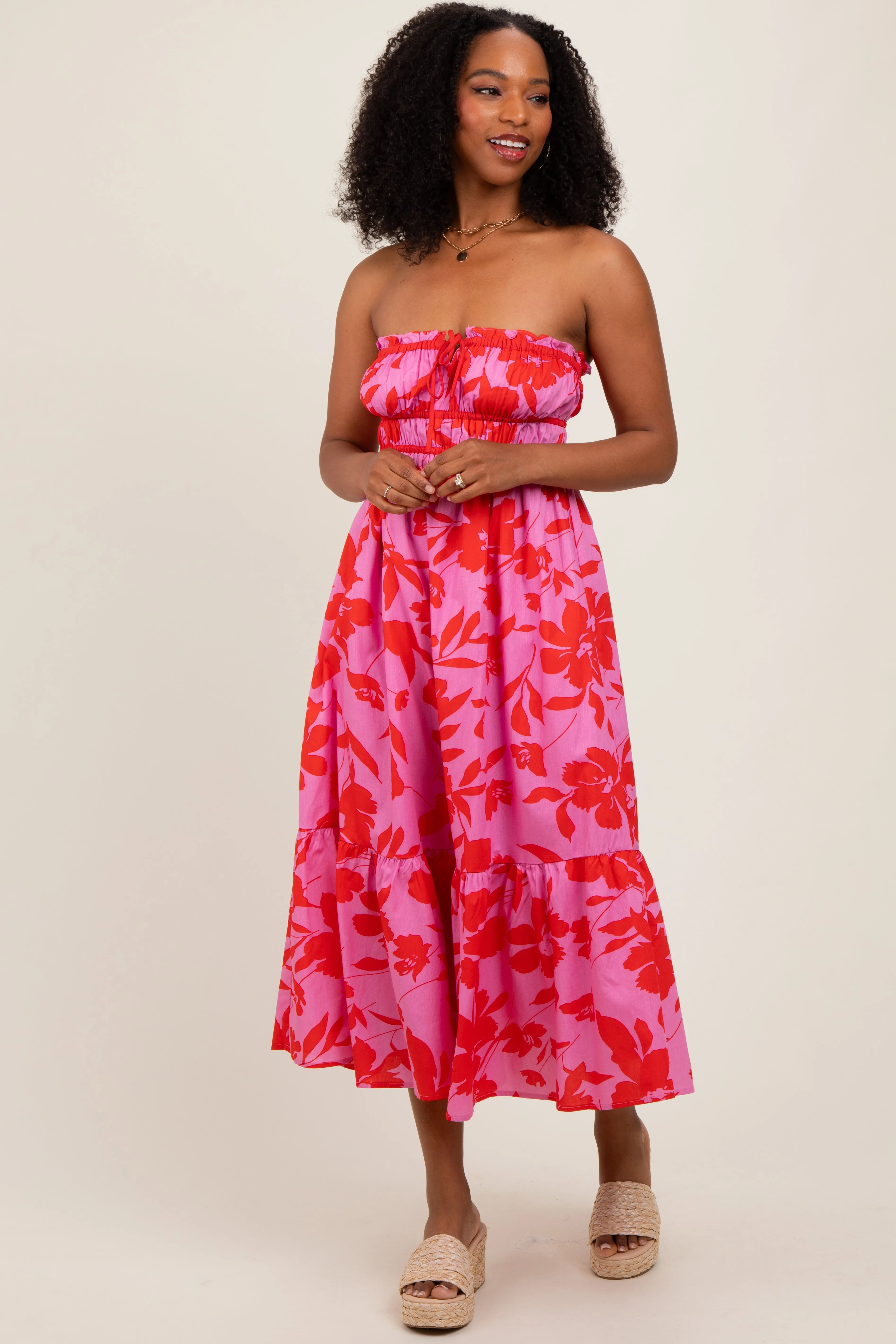 Pink Floral Strapless Front Tie Midi Dress sold by Pinkblush product image thumbnail 3