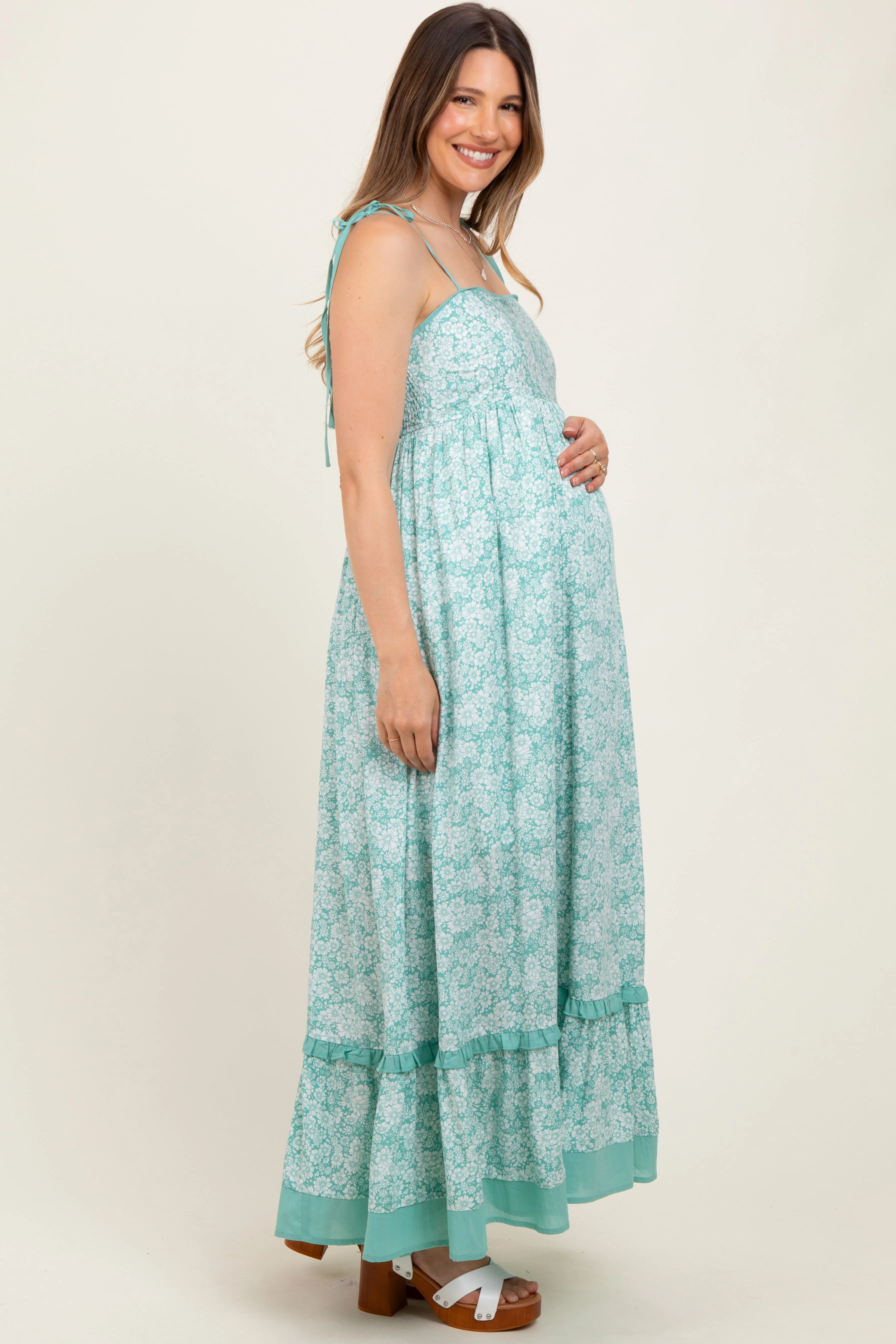 Mint Floral Shoulder Tie Maternity Maxi Dress sold by Pinkblush product image thumbnail 3