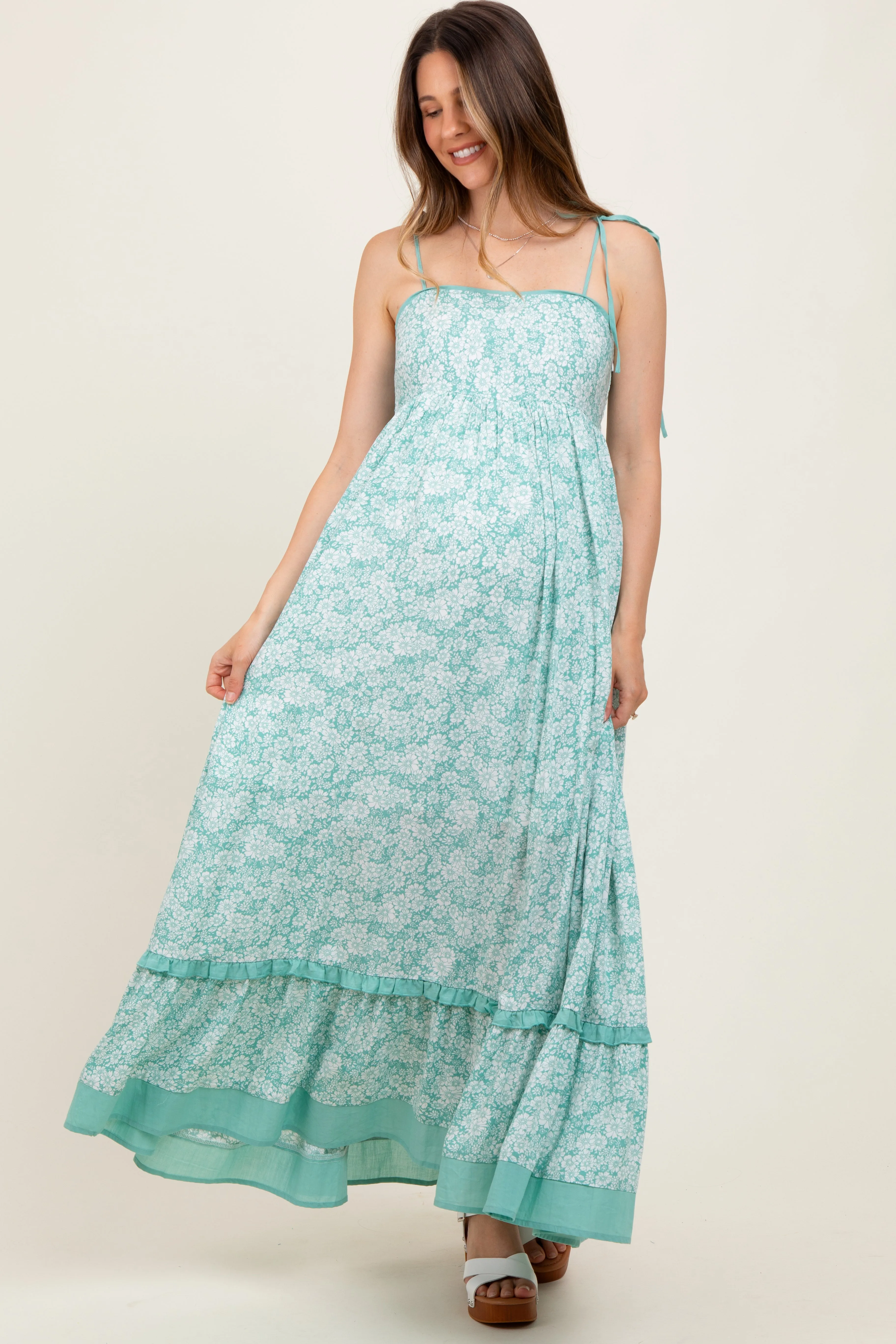 Mint Floral Shoulder Tie Maternity Maxi Dress sold by Pinkblush