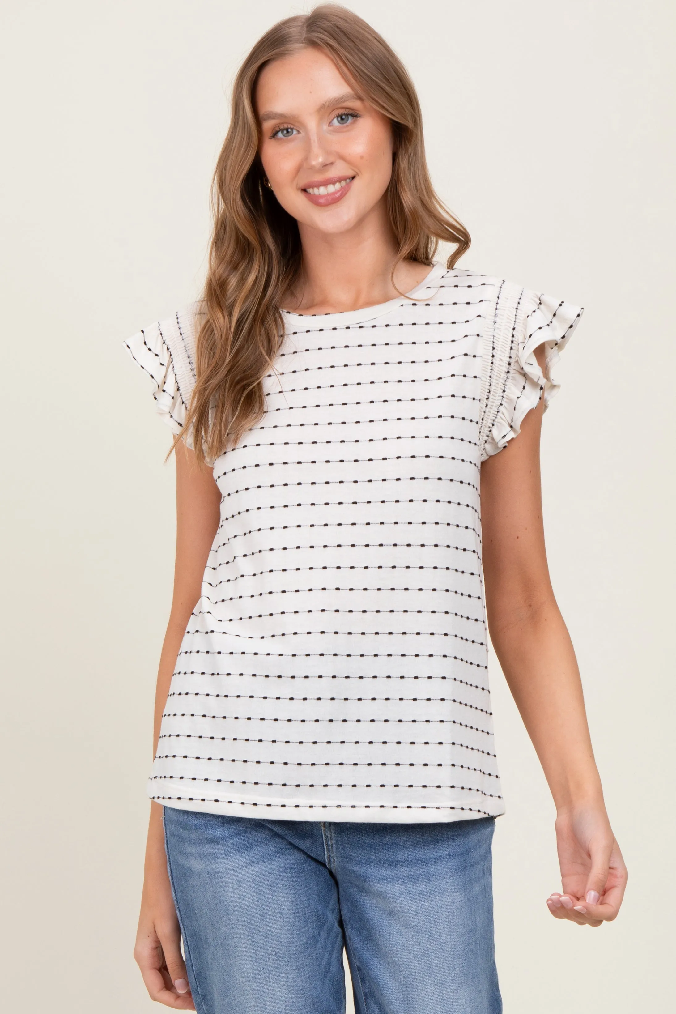 Black Dotted Stripe Ruffle Sleeve Top sold by Pinkblush