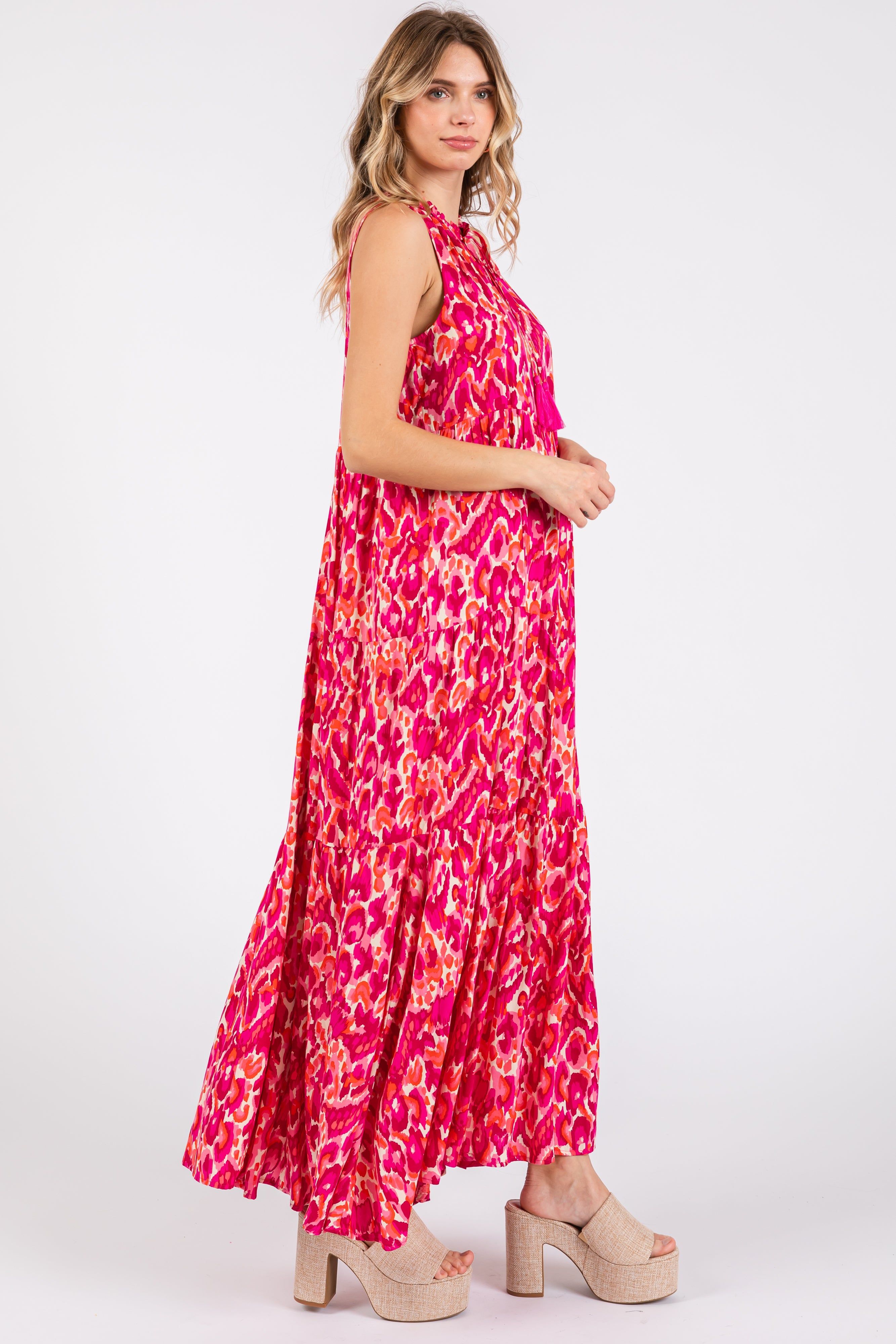 Magenta Sleeveless V-Neck Ruffle Neck Tiered Maxi Dress sold by Pinkblush product image thumbnail 2
