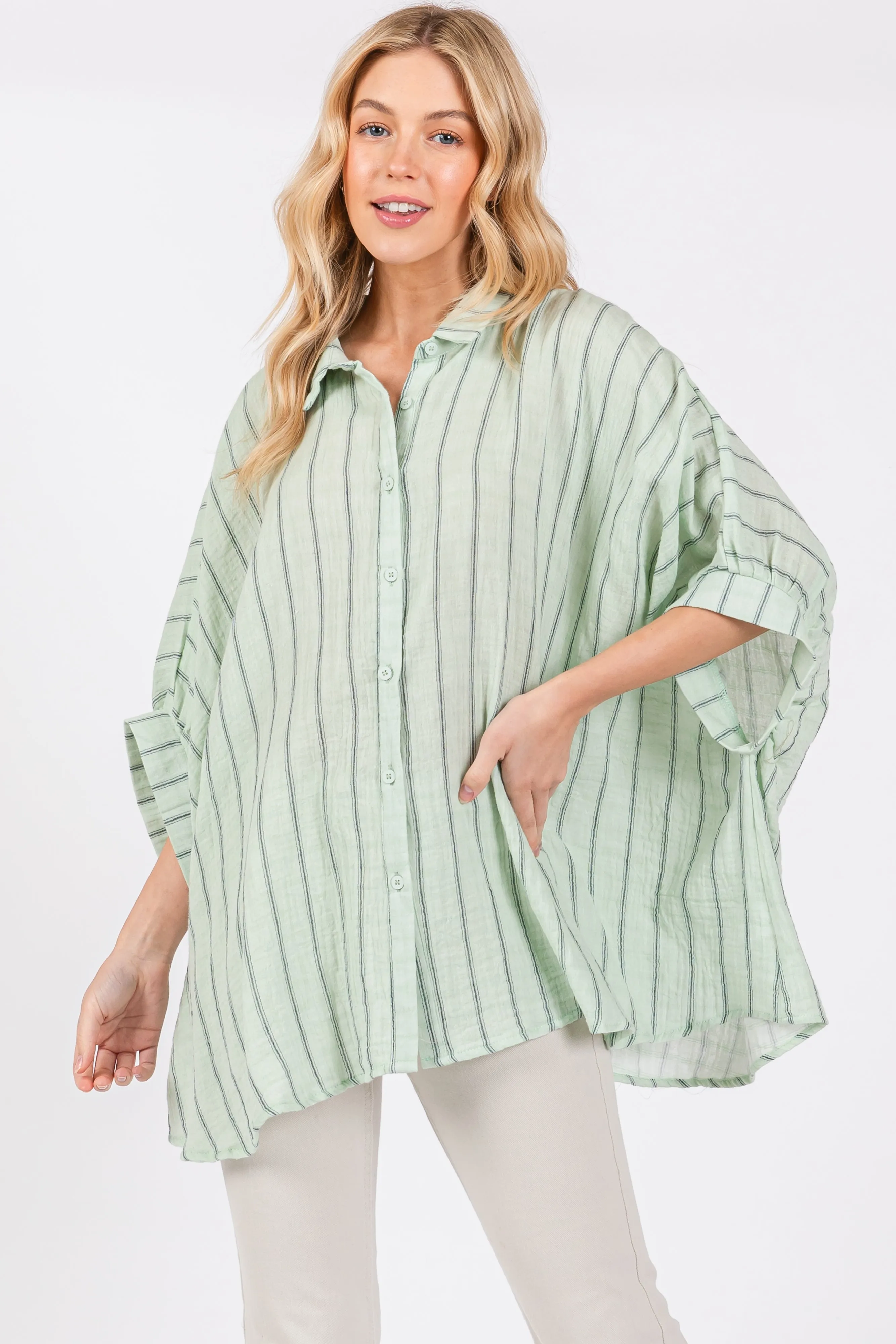 Mint Striped Collared Oversized Top sold by Pinkblush