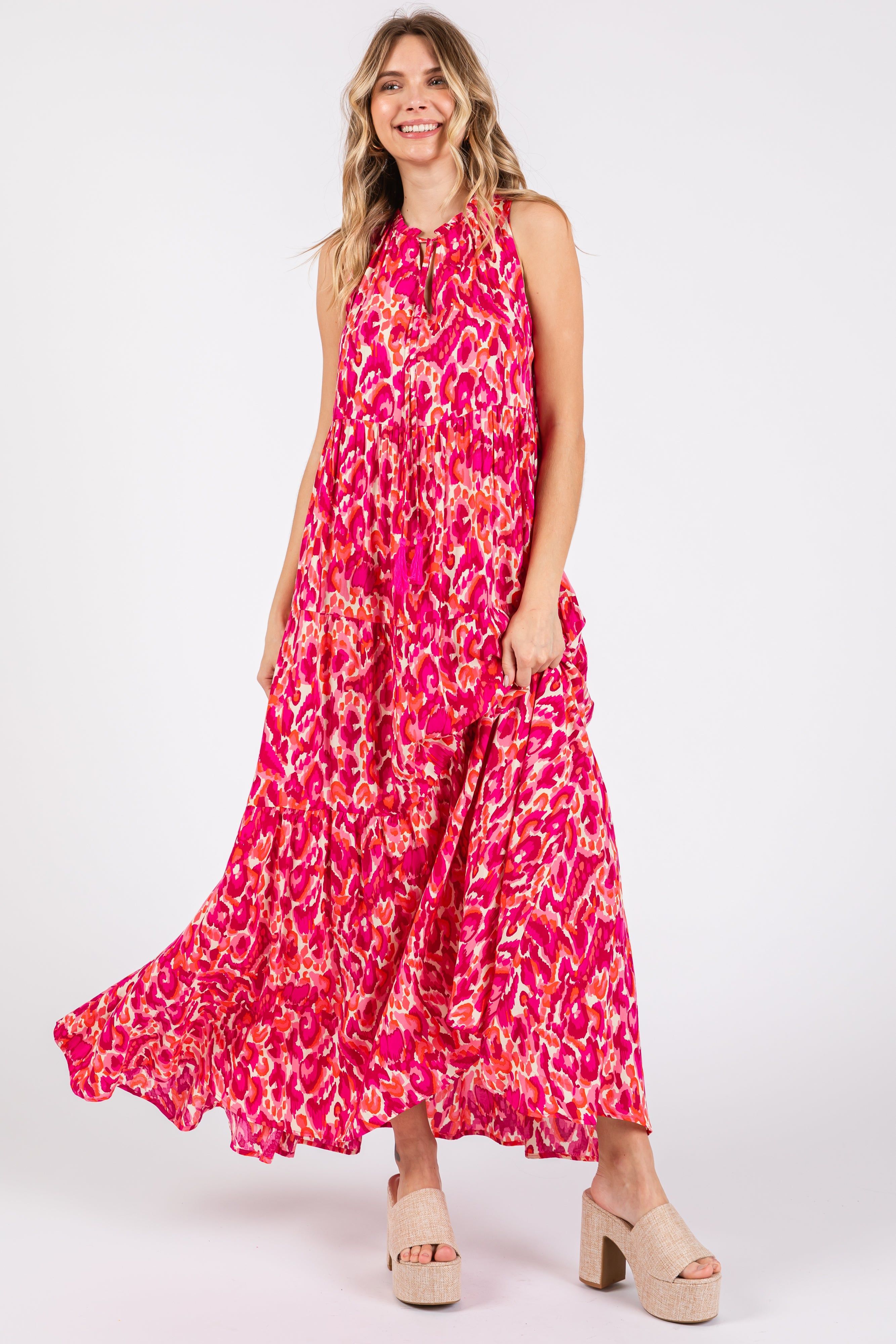 Magenta Sleeveless V-Neck Ruffle Neck Tiered Maxi Dress sold by Pinkblush product image thumbnail 3