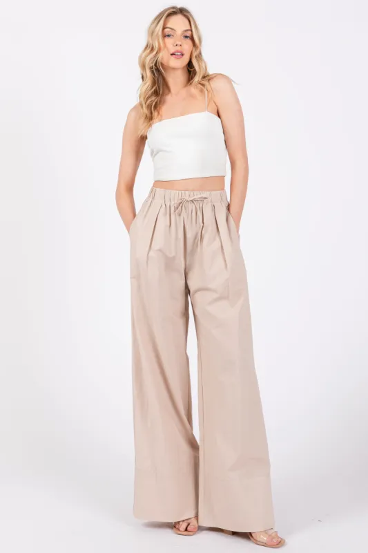 Beige Pleated Drawstring Waist Pants sold by Pinkblush