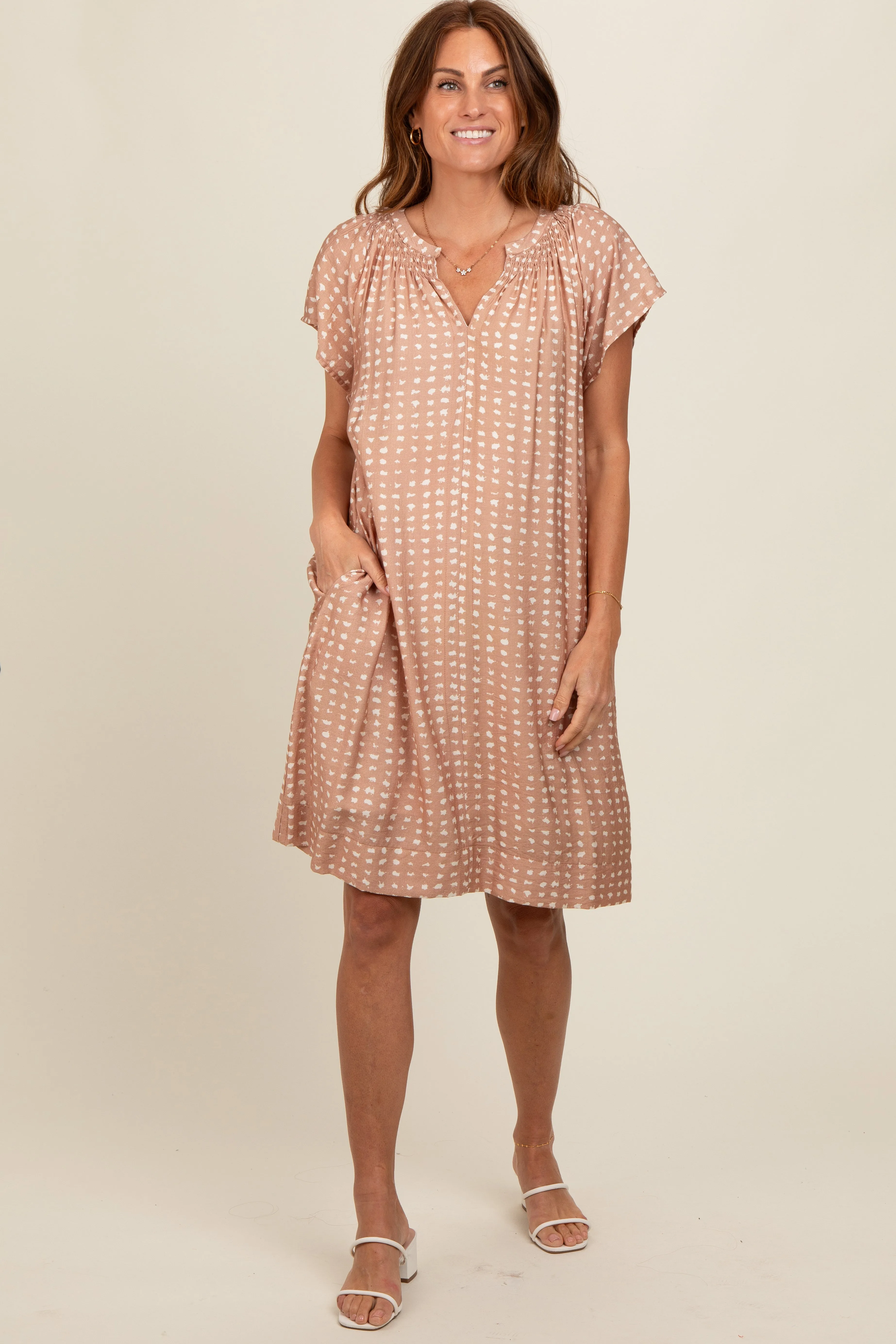 Camel Printed Split V-Neckline Dress sold by Pinkblush