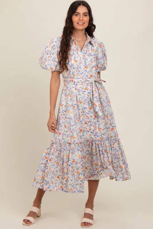 Ivory Floral Puff Sleeve Button Down Midi Dress sold by Pinkblush