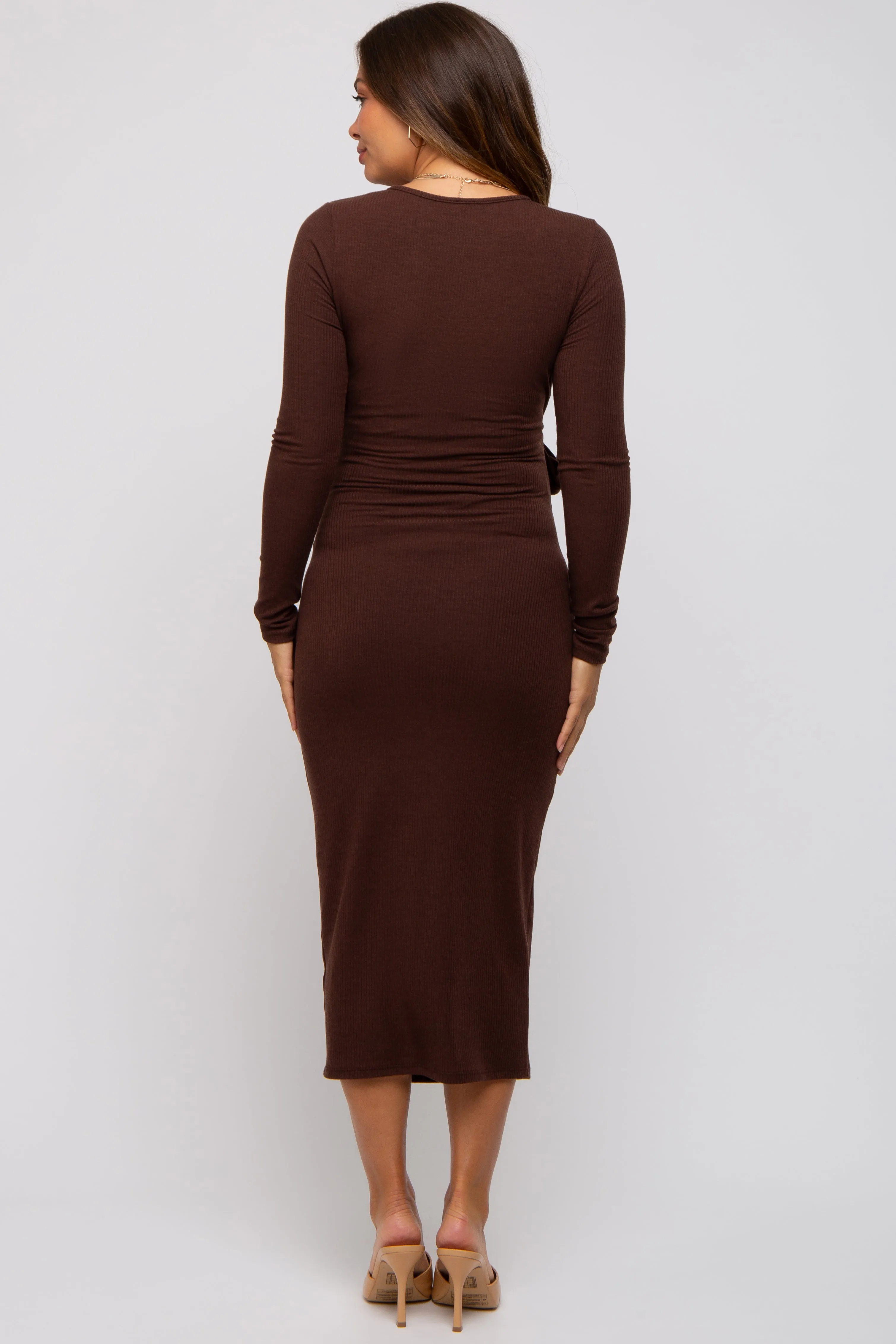 Brown Ribbed Long Sleeve Maternity Wrap Dress sold by Pinkblush product image thumbnail 3