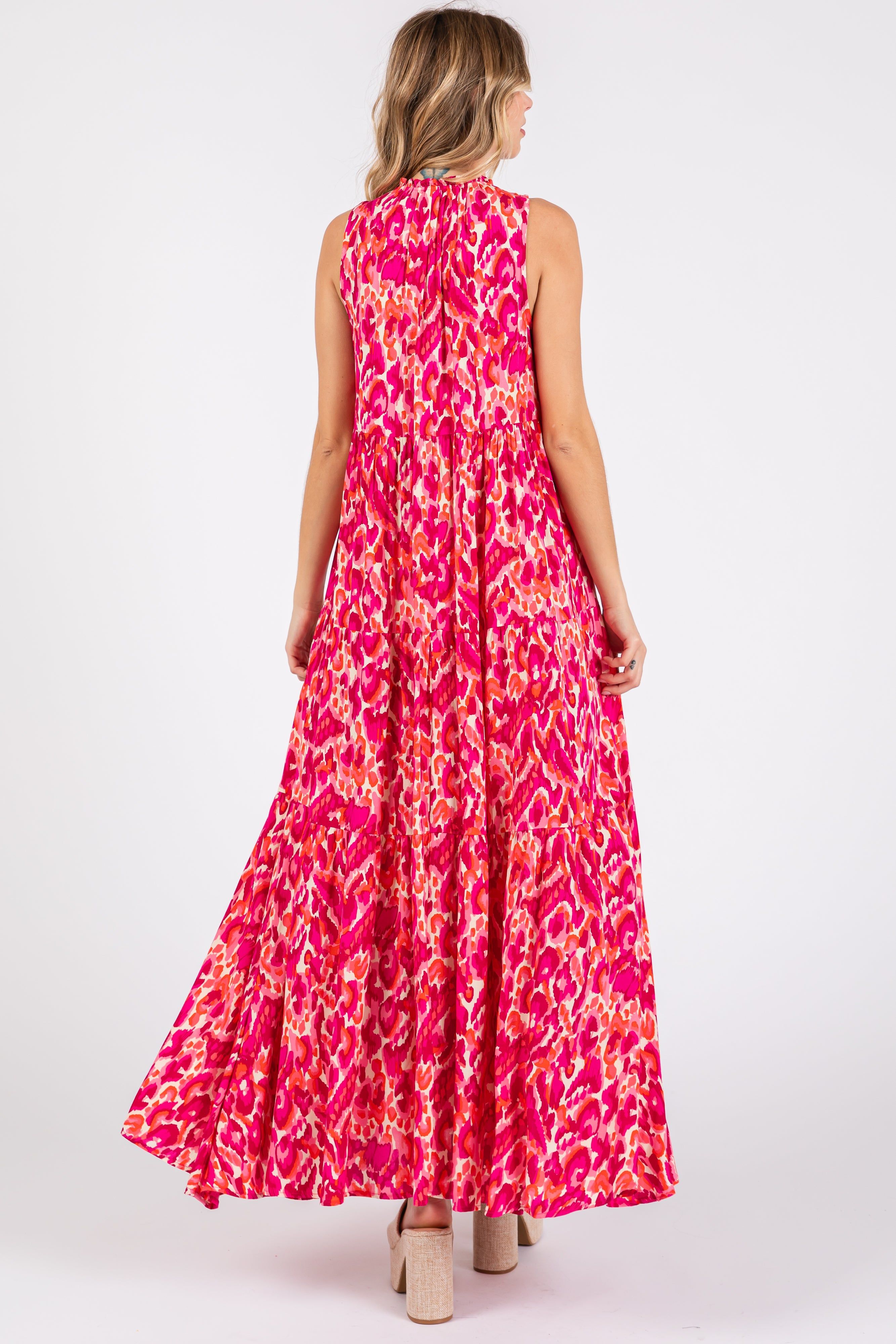 Magenta Sleeveless V-Neck Ruffle Neck Tiered Maxi Dress sold by Pinkblush product image thumbnail 4
