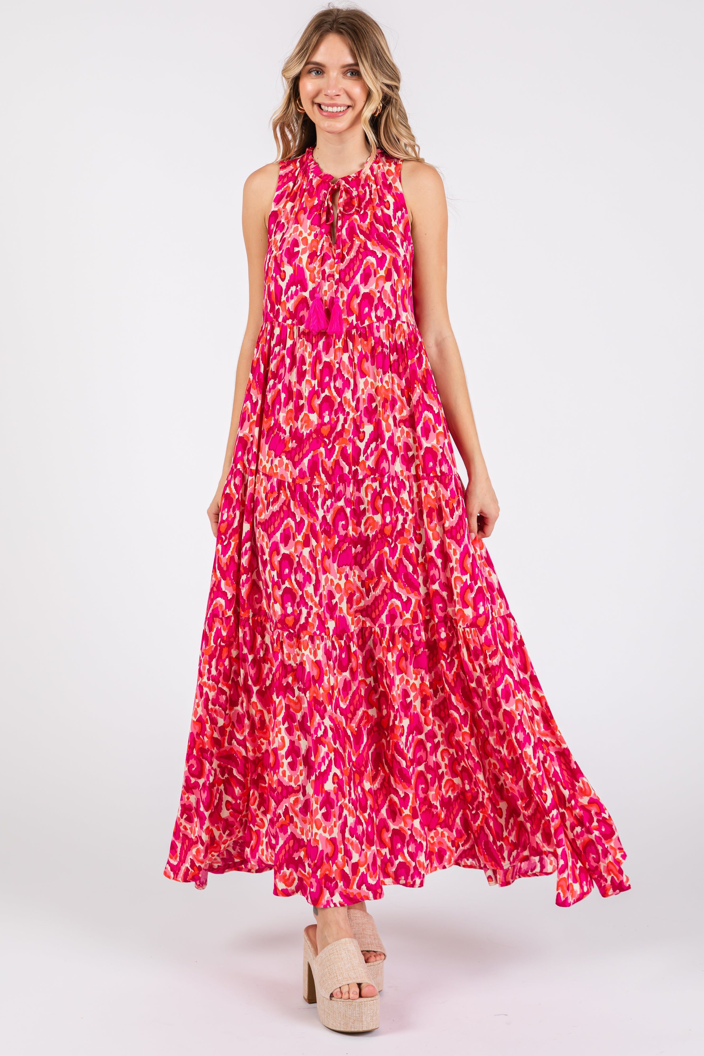 Magenta Sleeveless V-Neck Ruffle Neck Tiered Maxi Dress sold by Pinkblush