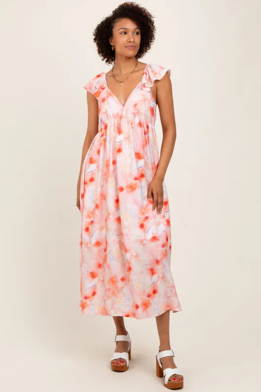 Coral Watercolor Floral Flutter Sleeve Midi Dress sold by Pinkblush