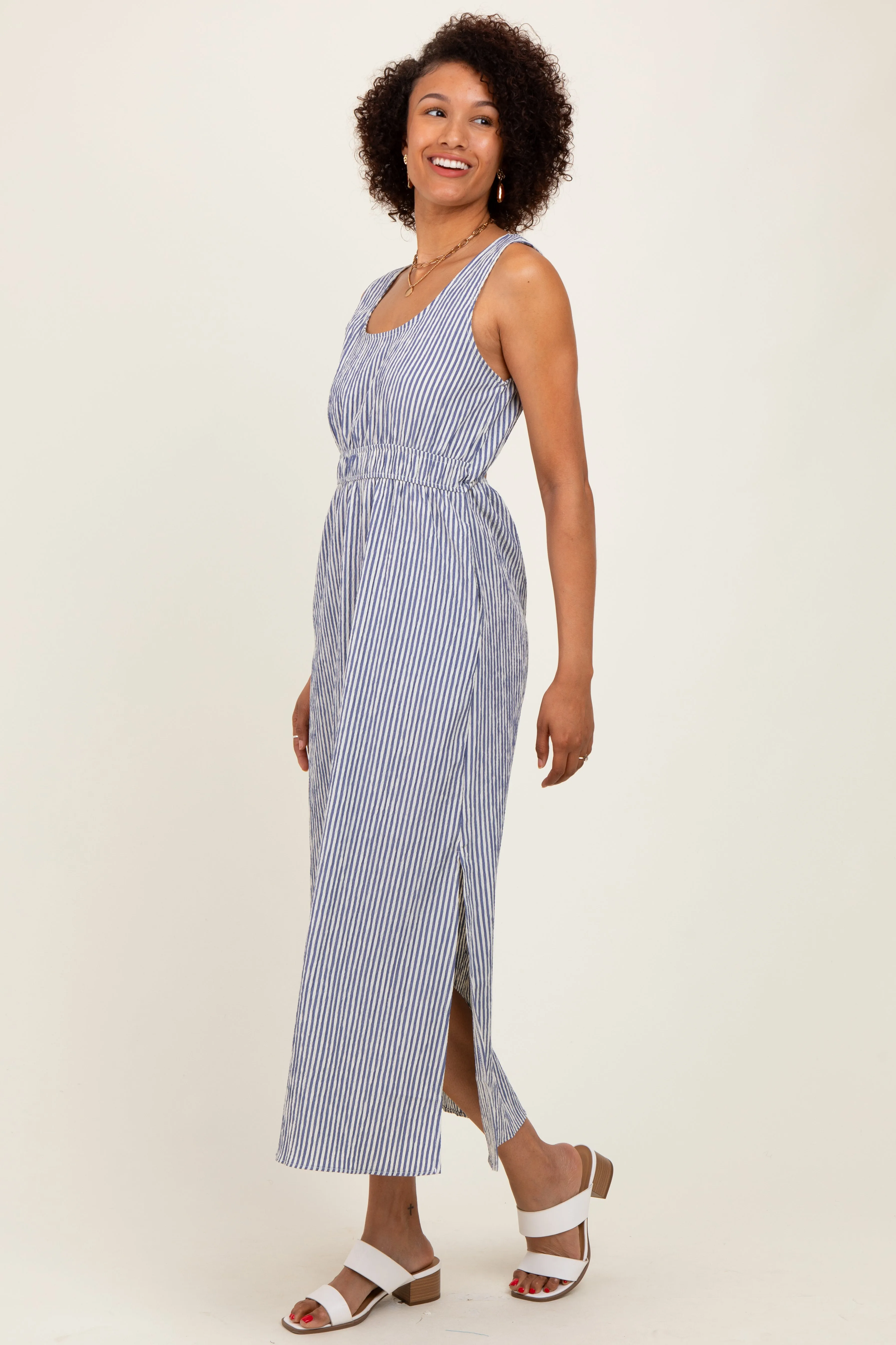 Navy Striped Sleeveless Cutout Side Slit Maxi Dress sold by Pinkblush product image thumbnail 2