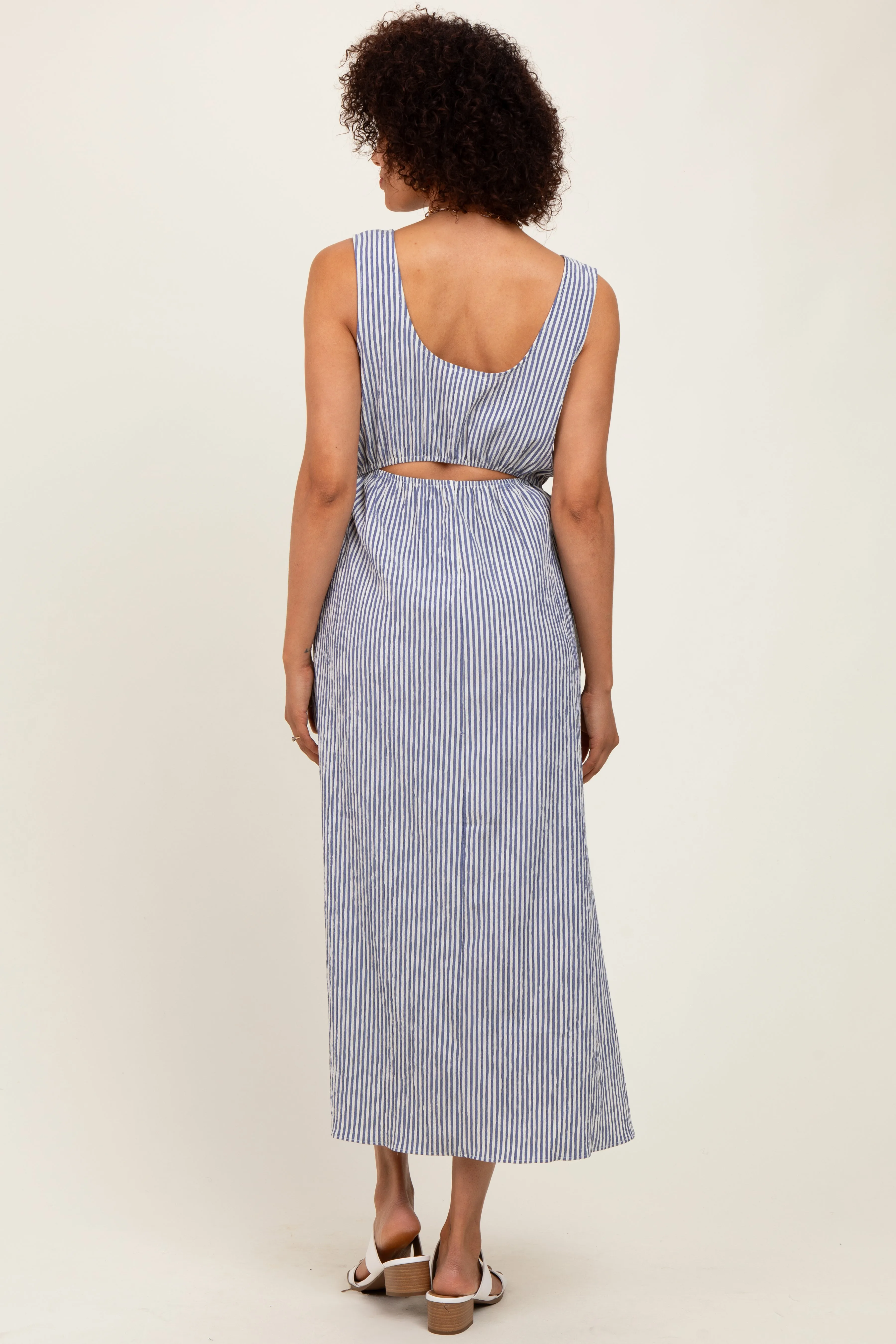 Navy Striped Sleeveless Cutout Side Slit Maxi Dress sold by Pinkblush product image thumbnail 3