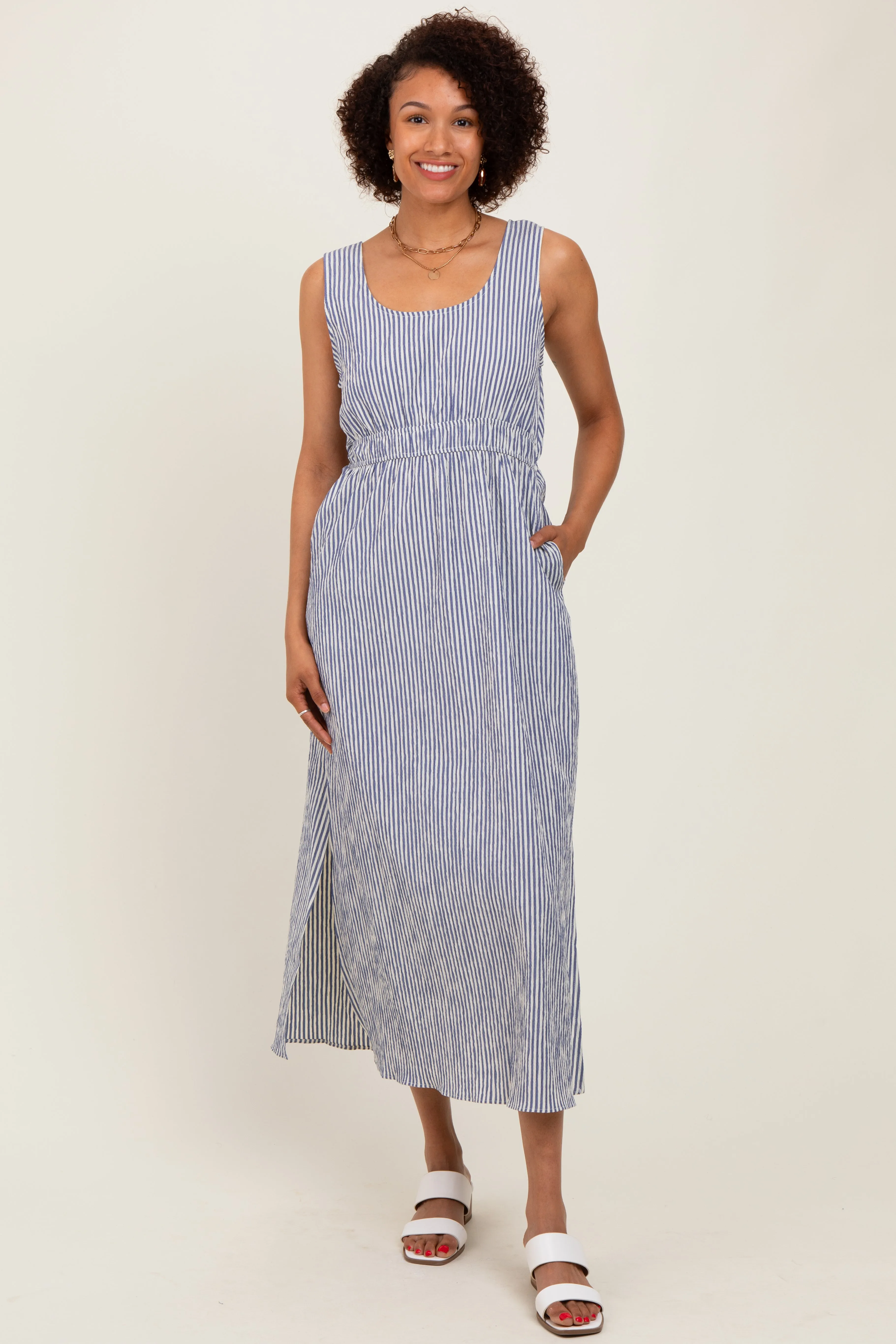 Navy Striped Sleeveless Cutout Side Slit Maxi Dress sold by Pinkblush