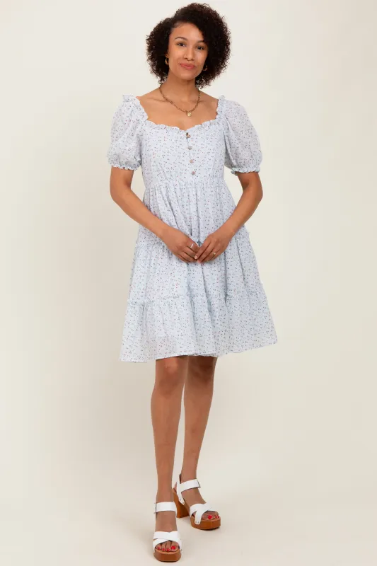 Light Blue Printed Button Up Ruffle Tiered Dress sold by Pinkblush