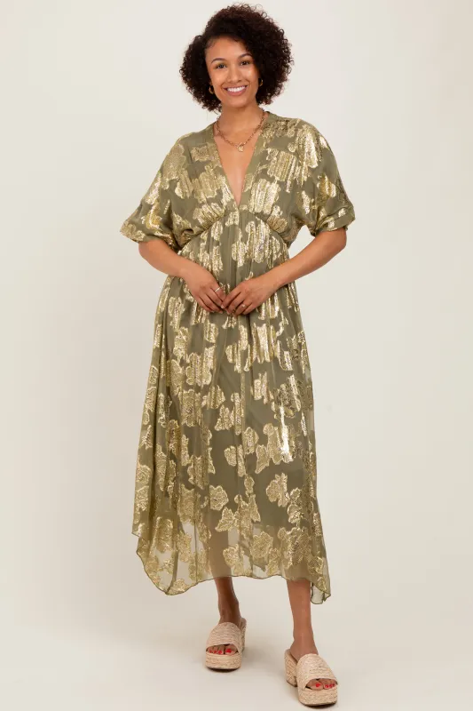 Olive Metallic Floral Jacquard Overlay Maxi Dress made by En Creme