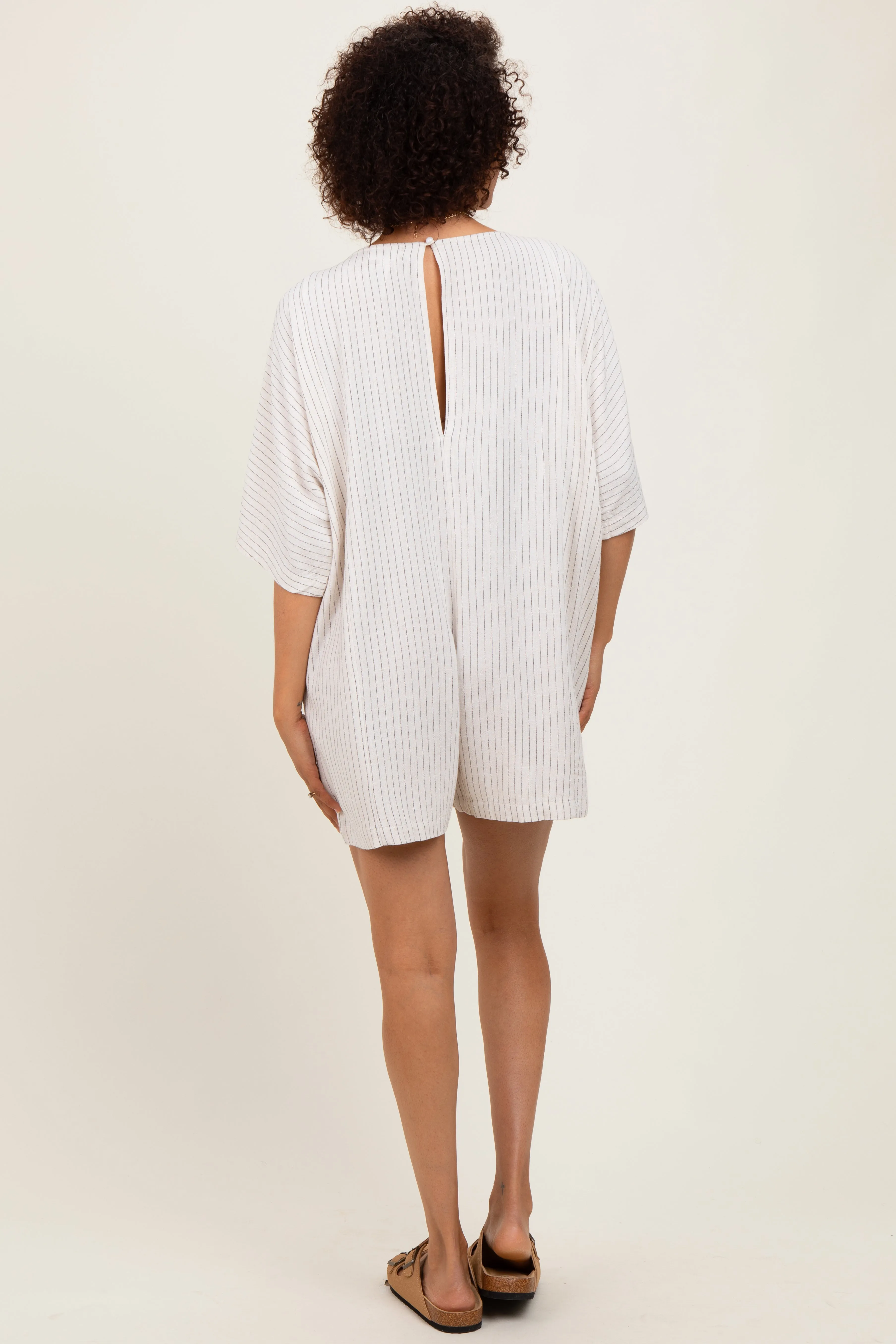 Beige Stripe Dolman Sleeve Linen Blend Romper sold by Pinkblush product image thumbnail 4