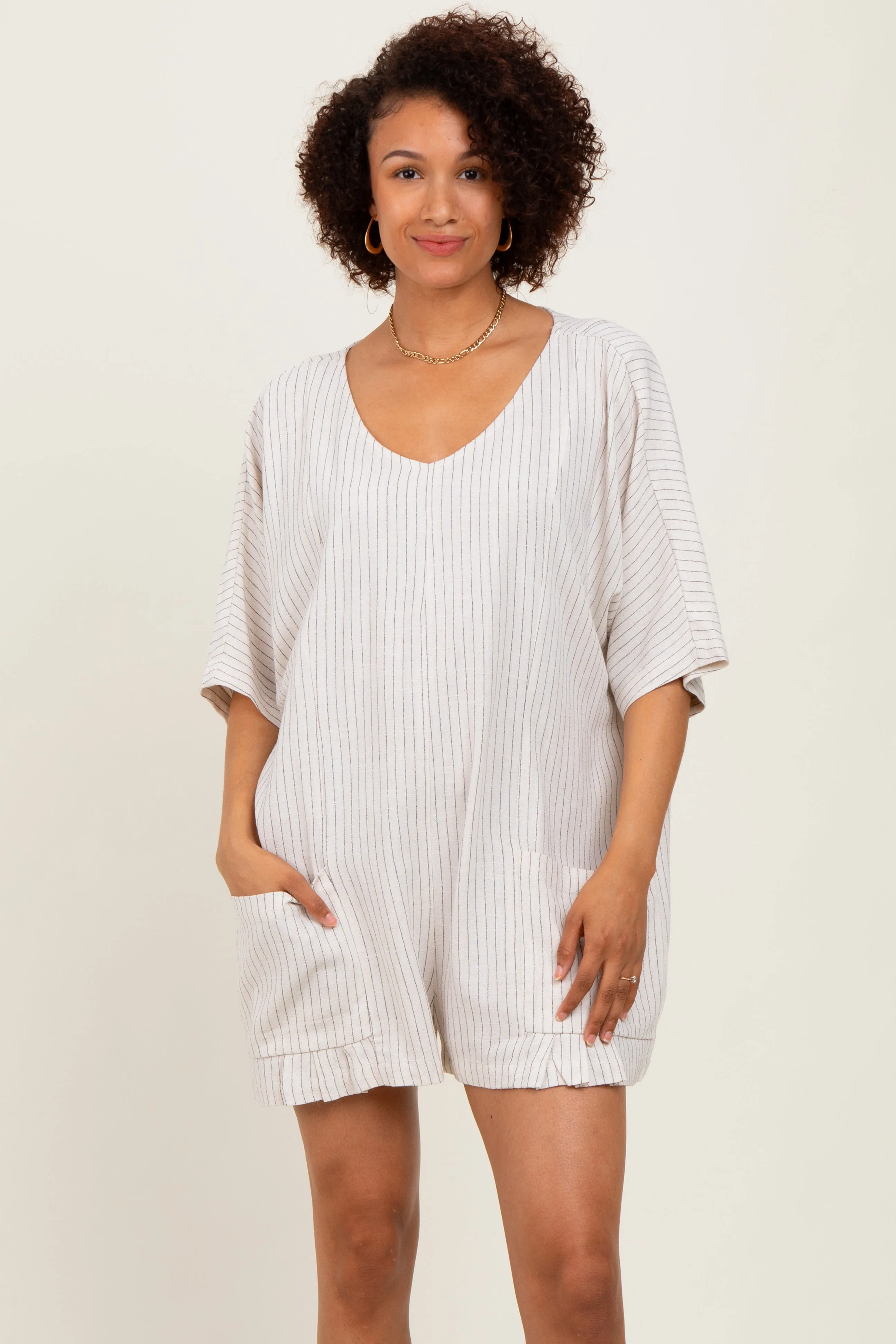 Beige Stripe Dolman Sleeve Linen Blend Romper sold by Pinkblush