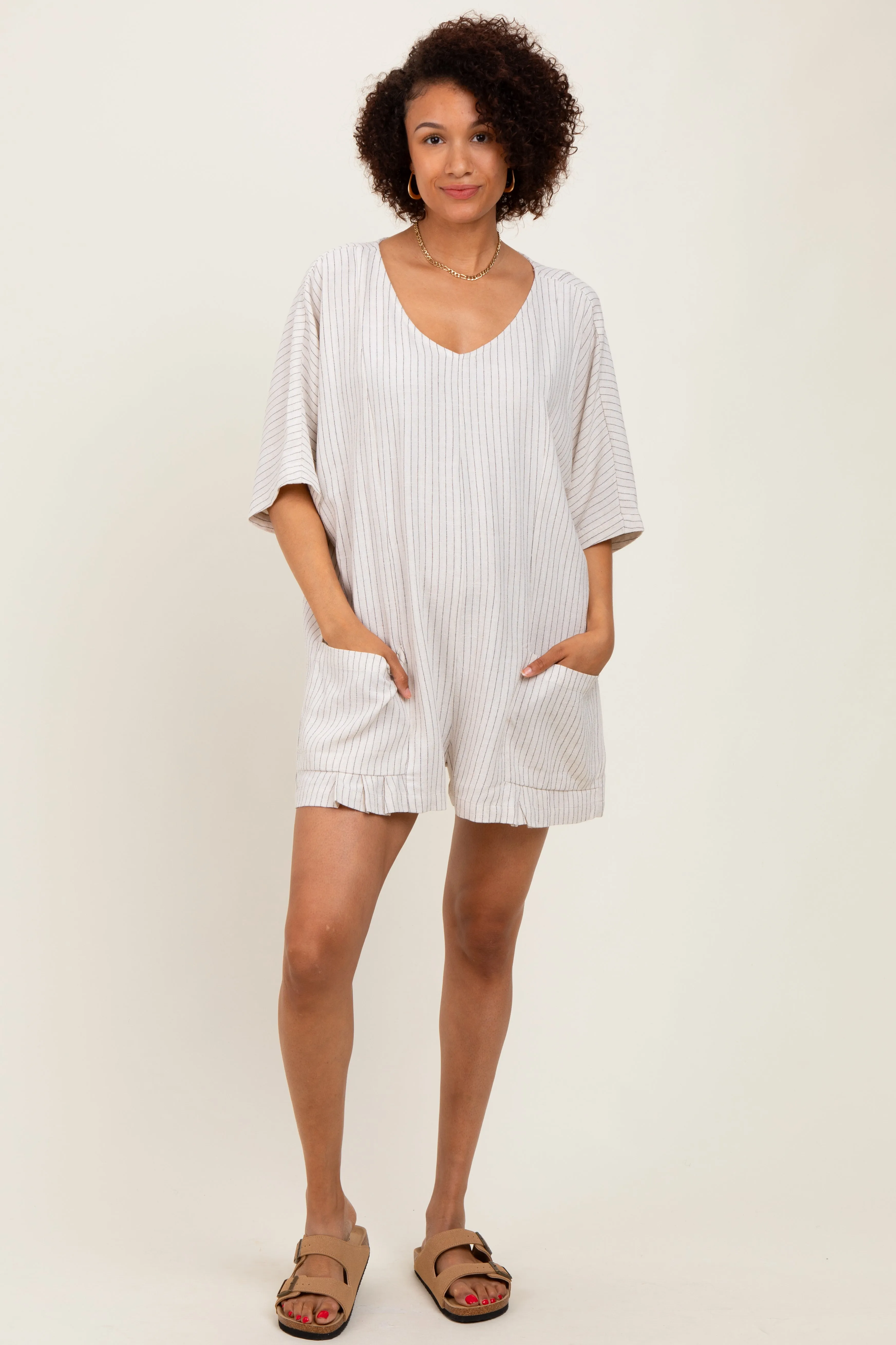 Beige Stripe Dolman Sleeve Linen Blend Romper sold by Pinkblush product image thumbnail 2