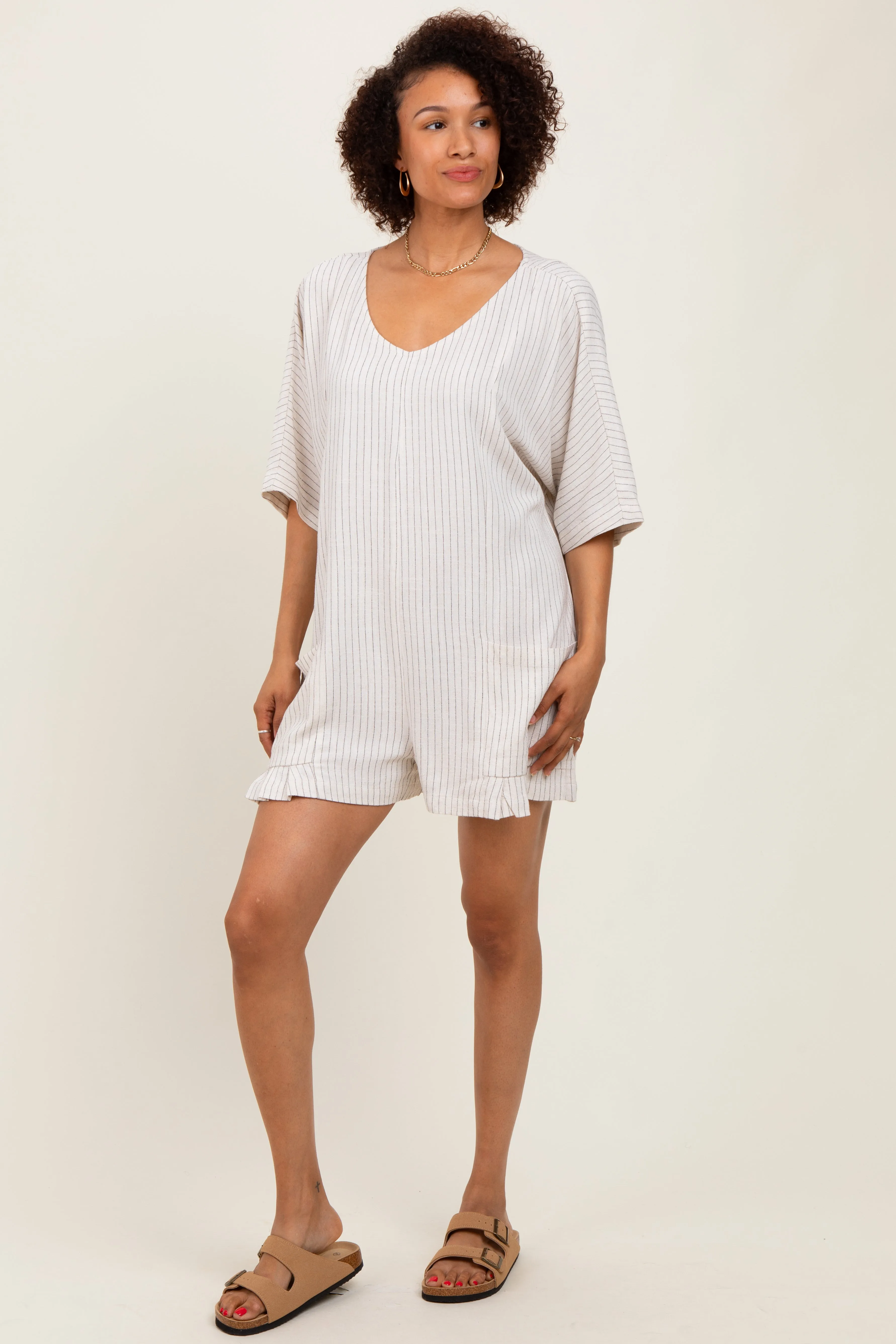 Beige Stripe Dolman Sleeve Linen Blend Romper sold by Pinkblush product image thumbnail 3