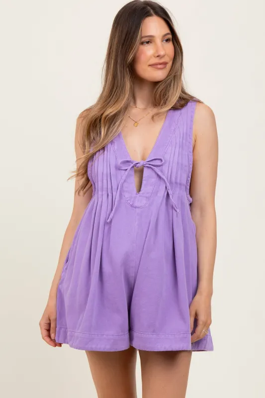 Lavender Deep V-Neck Pleated Front Tie Sleeveless Maternity Romper sold by Pinkblush