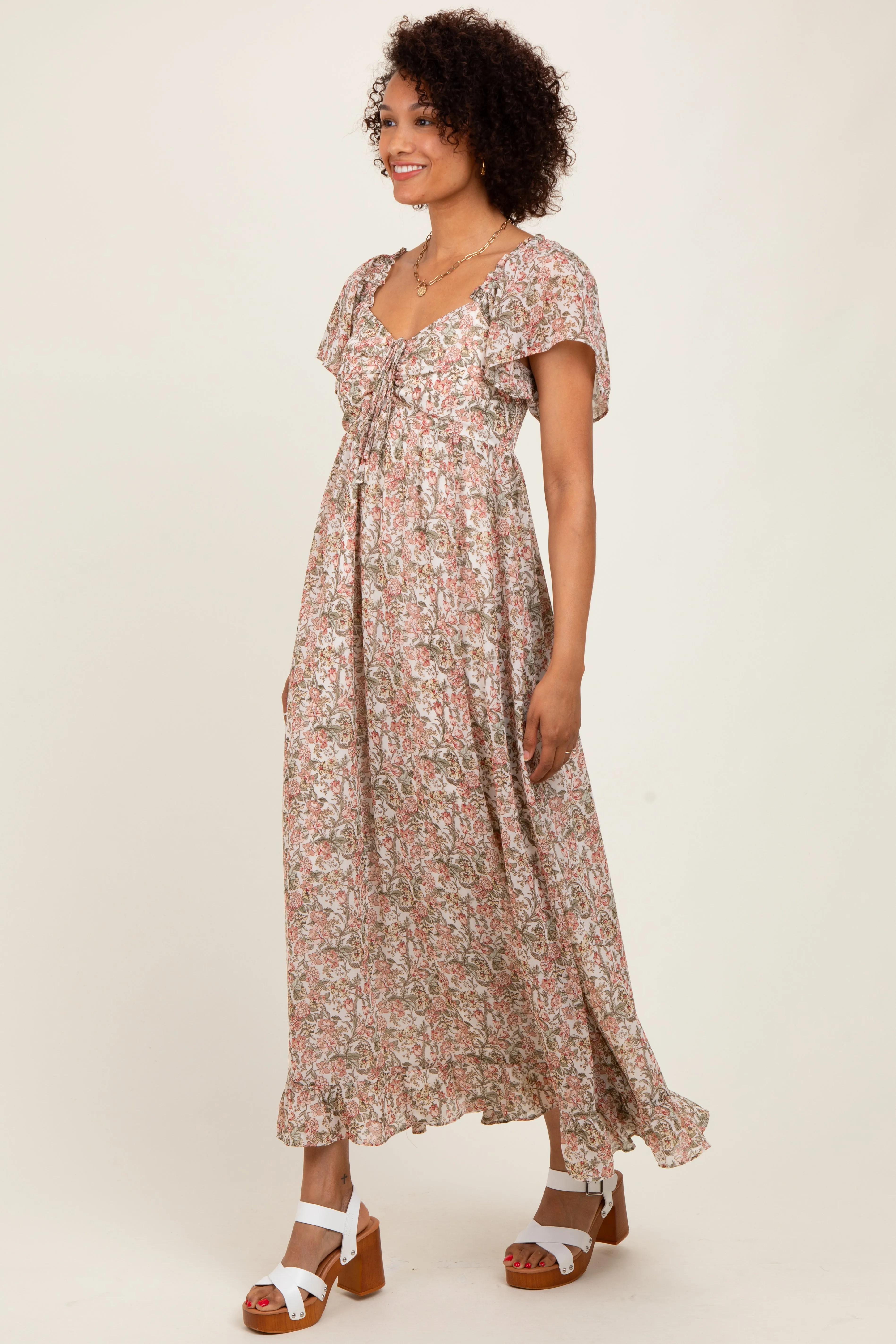 Cream Multi Flutter-Sleeved Smocked Floral Maxi Dress sold by Pinkblush product image thumbnail 3
