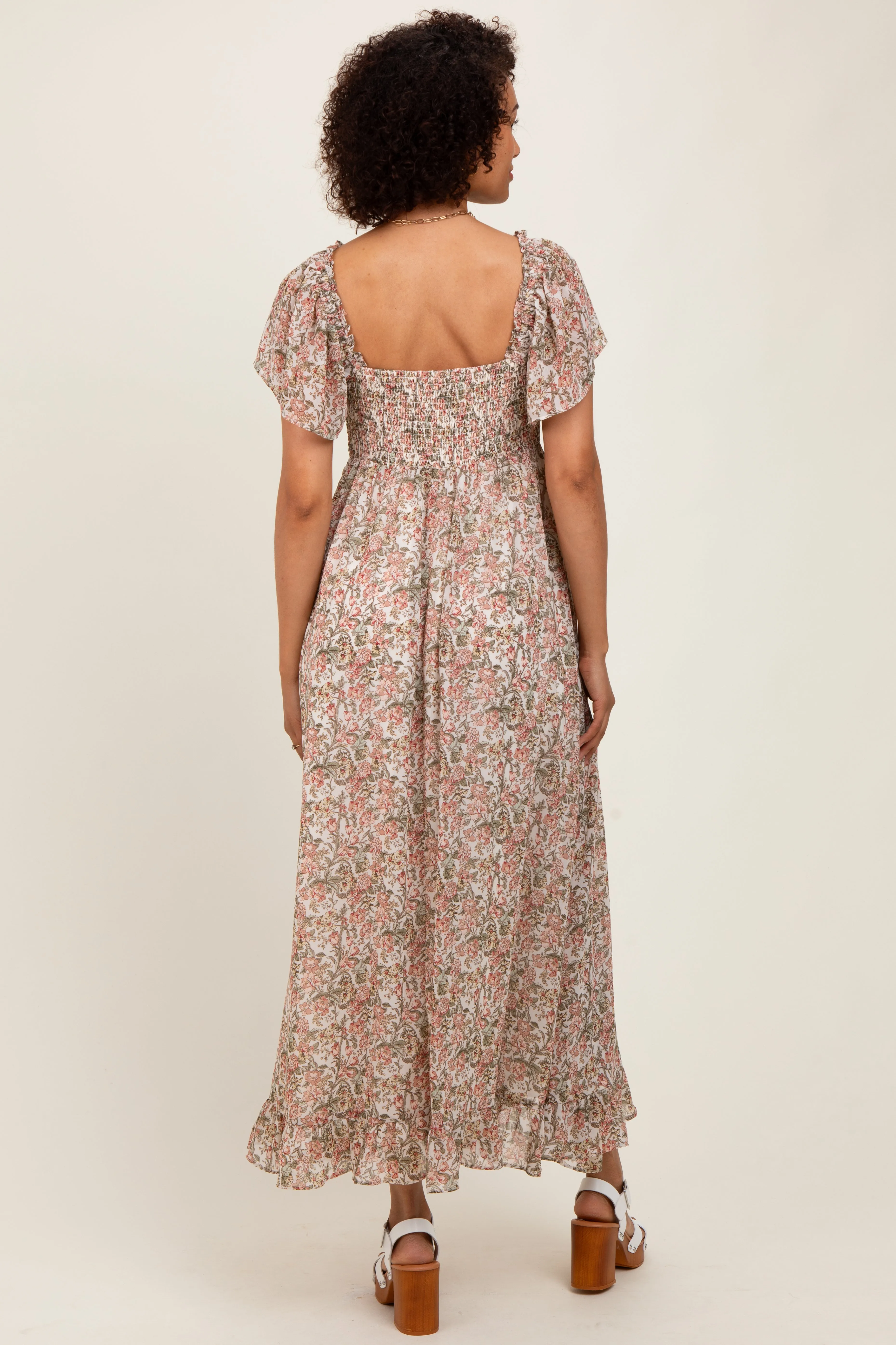 Cream Multi Flutter-Sleeved Smocked Floral Maxi Dress sold by Pinkblush product image thumbnail 4
