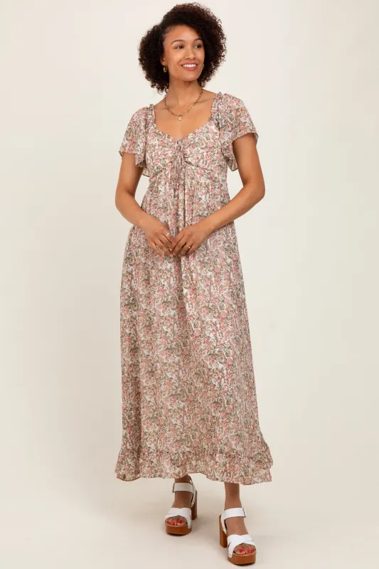Cream Multi Flutter-Sleeved Smocked Floral Maxi Dress sold by Pinkblush