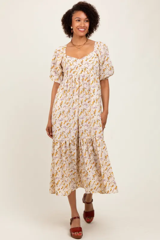 Cream Floral Sweetheart Puff Sleeve Midi Dress sold by Pinkblush