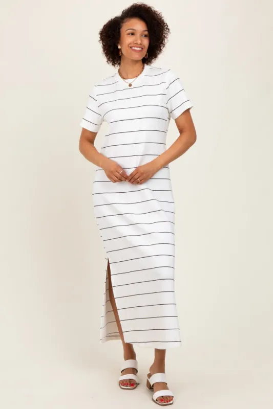 Ivory Striped Short Sleeve Side Slit Midi Dress sold by Pinkblush