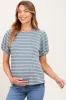 Blue Textured Knit Striped Puff Sleeve Maternity Top sold by Pinkblush